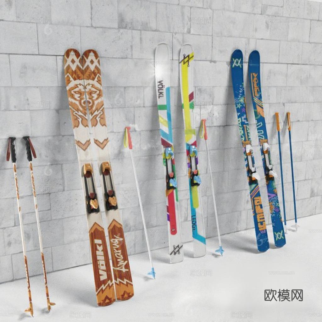 滑雪装备展示 冬季运动滑雪板滑雪杖组合 3D模型产品图专业设计广告 多样款式商业展示免费3d模型下载