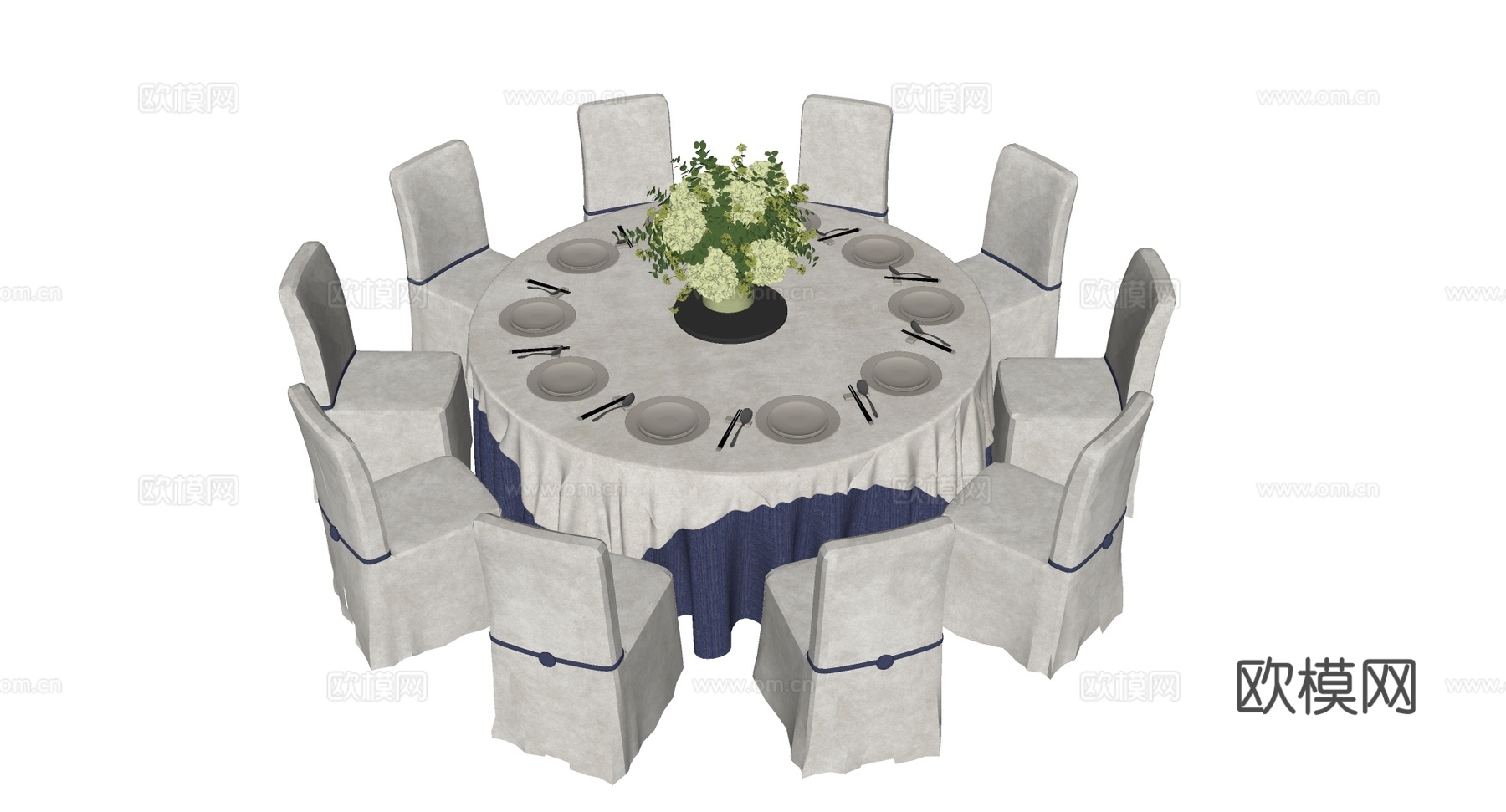 现代简约圆形餐桌 8人位餐椅 带餐具摆台su模型