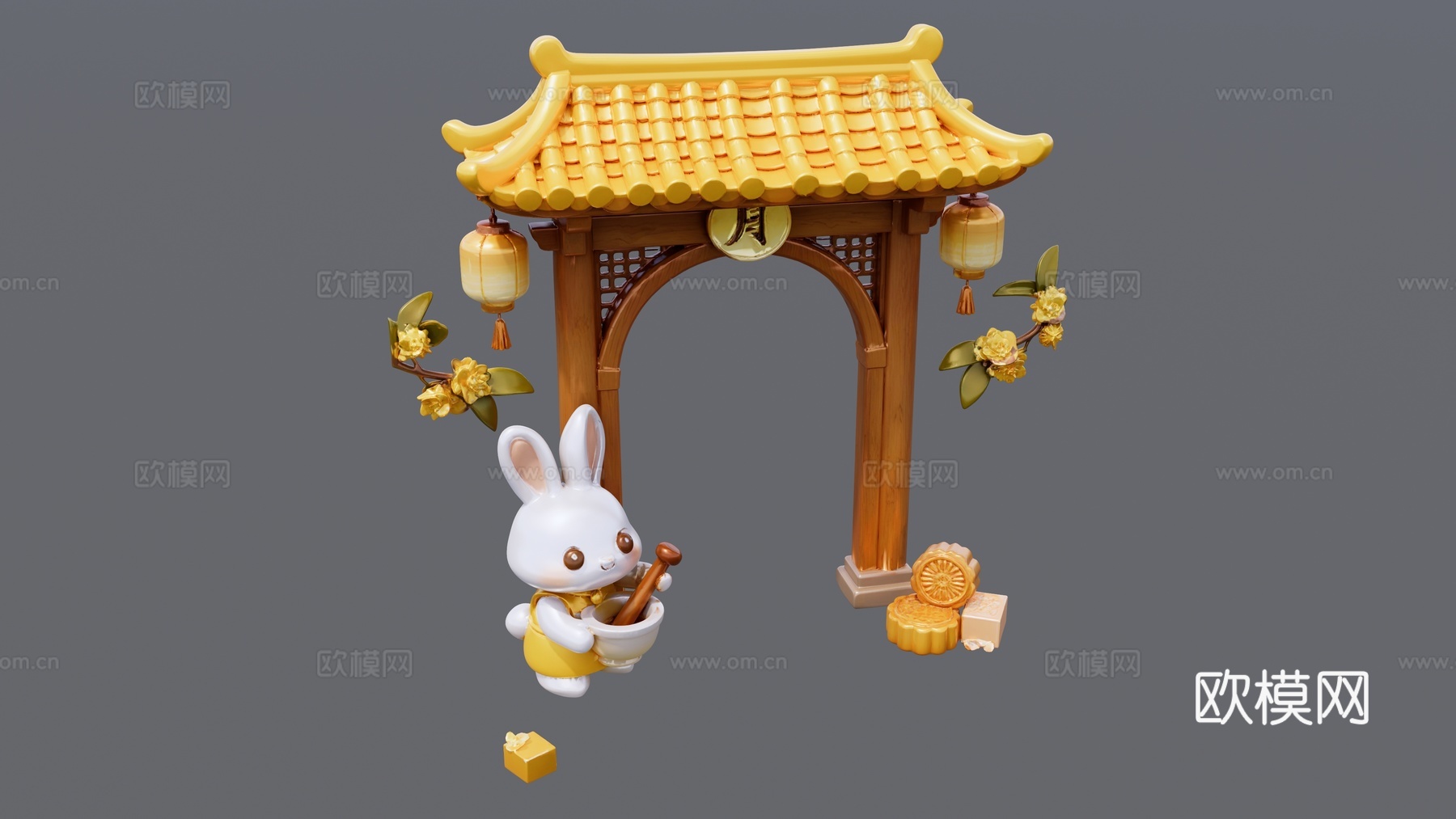 月亮门古剑小白兔月饼组合su模型
