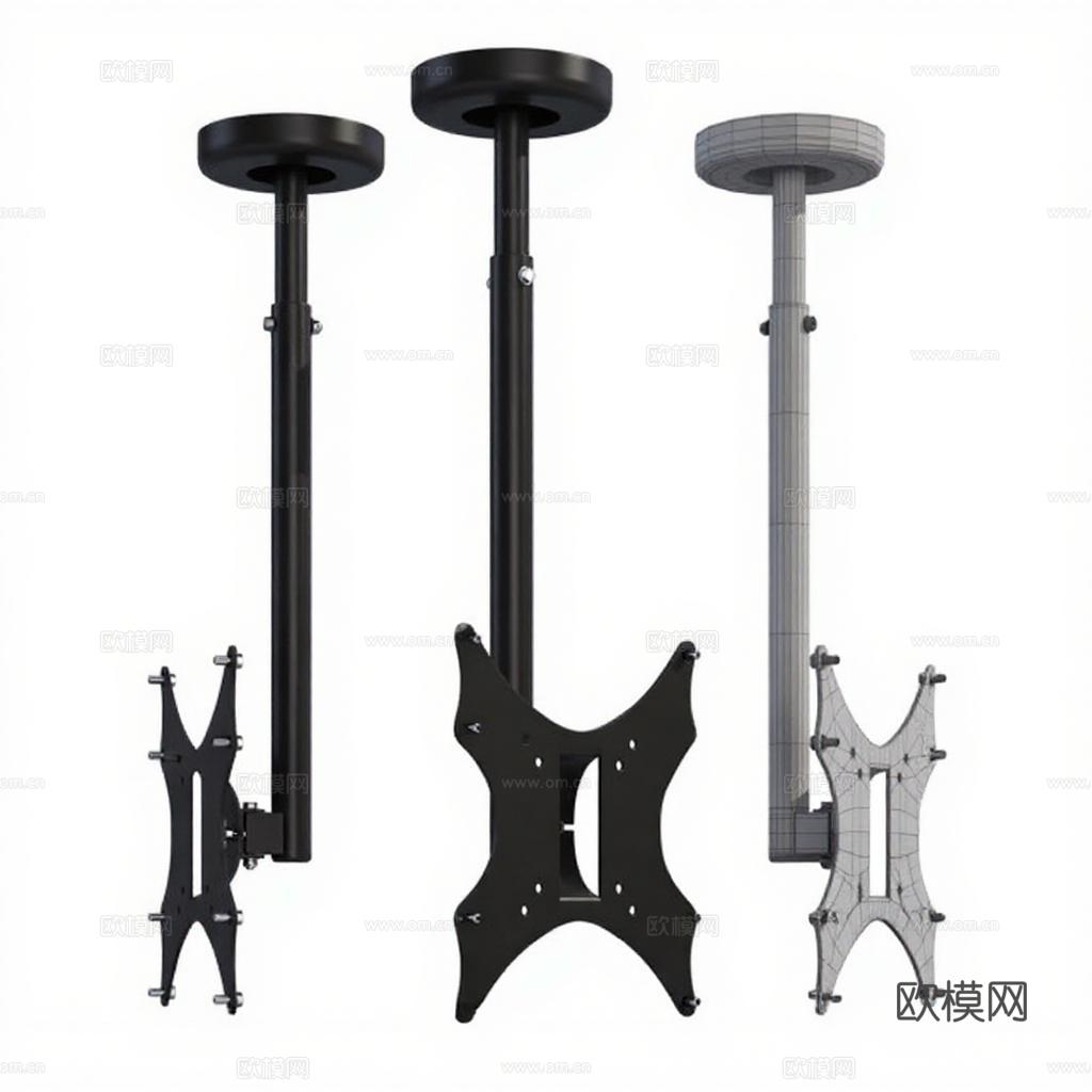 电视吊装支架3D模型 工业设计结构展示 线框实体对比渲染 金属材质电视架免费3d模型