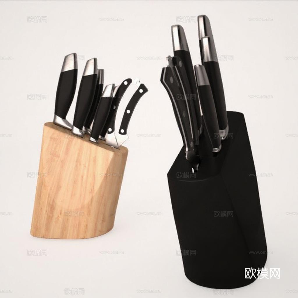 现代简约厨房刀具套装 木制黑色刀架收纳 3D模型产品展示图 白色背景家居用品免费3d模型