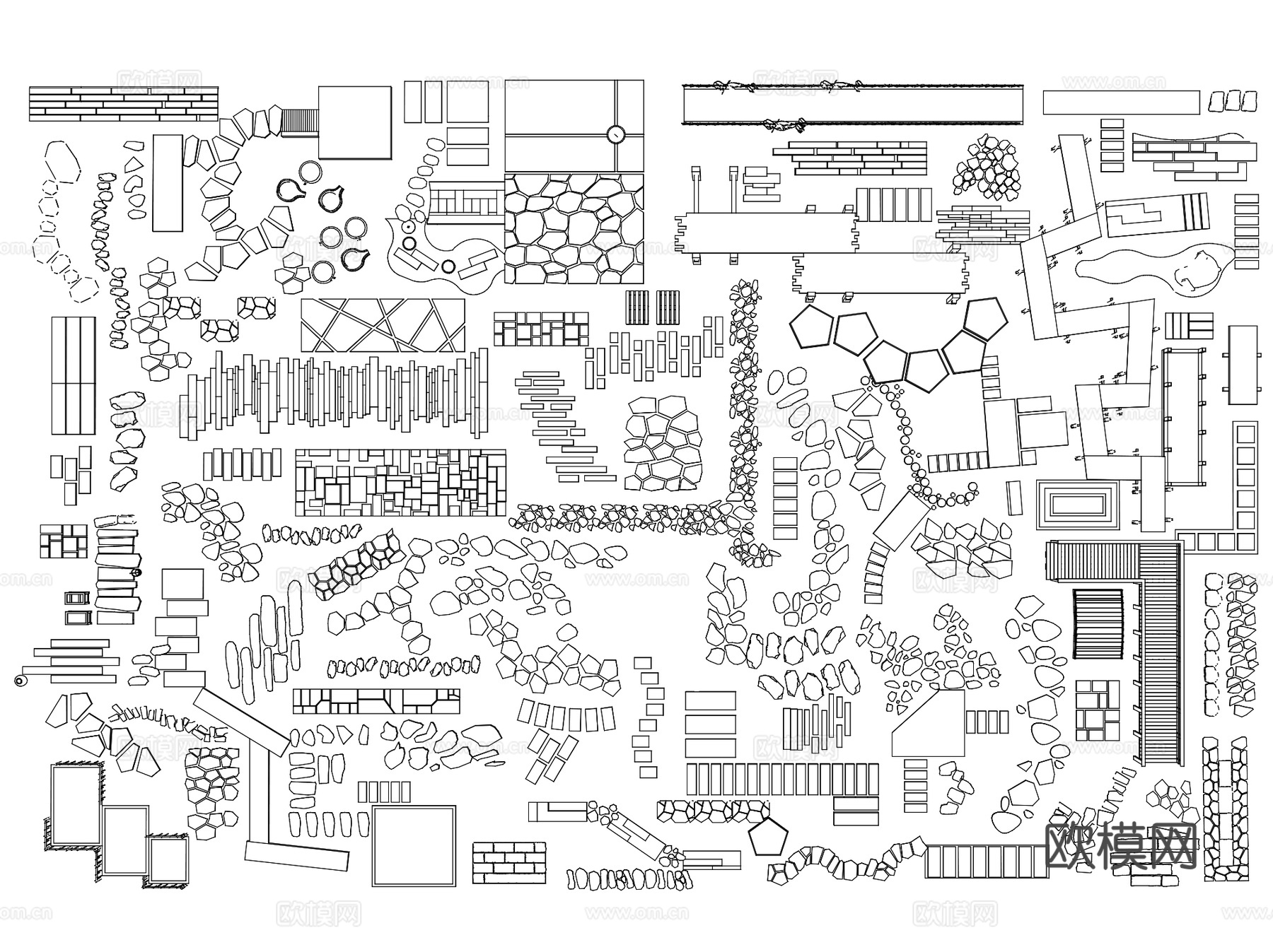 中式景观汀步小路青石板步道平面CAD图块图库集 4套cad施工图