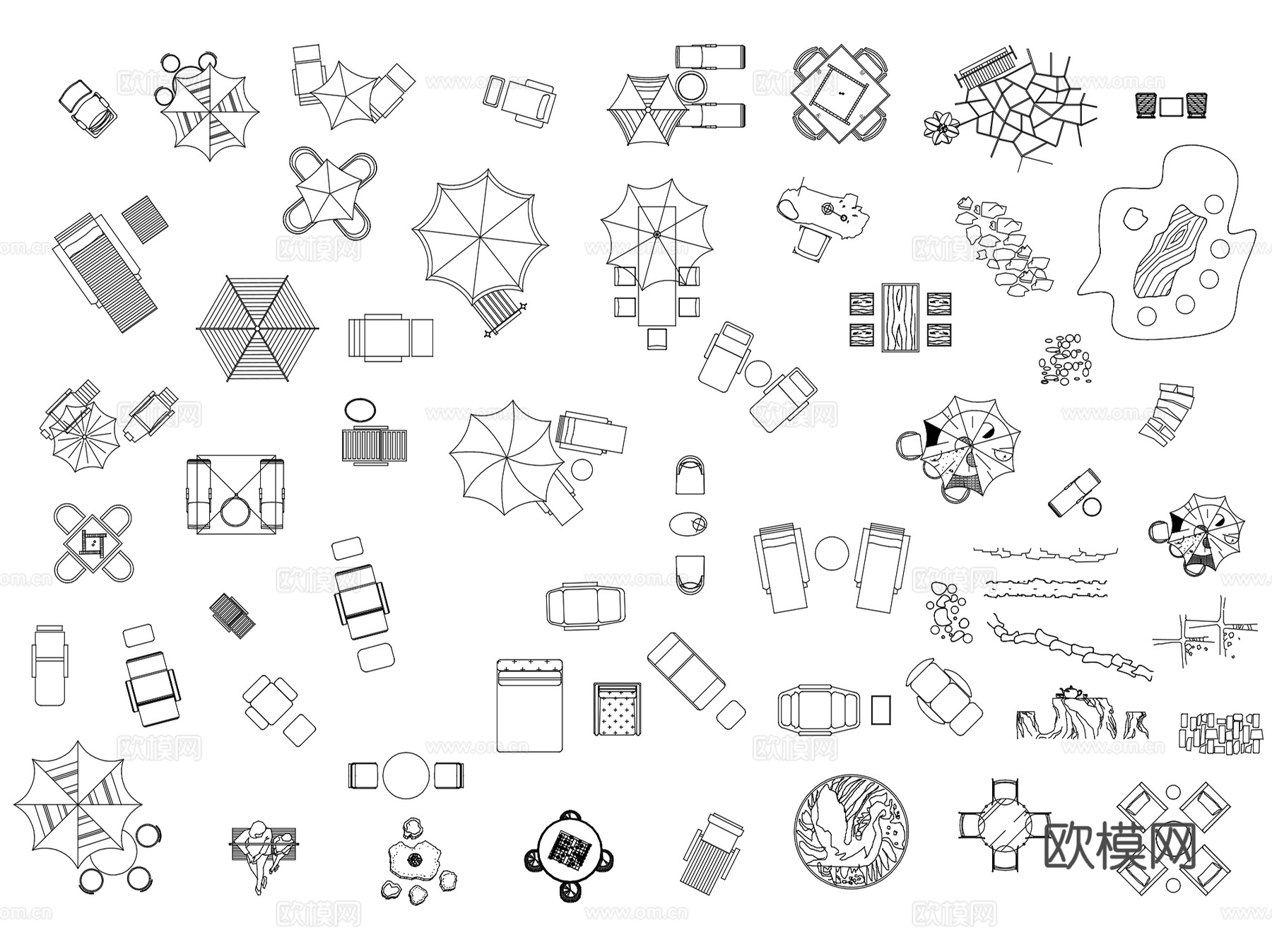 户外餐桌椅太阳伞景观小品平面CAD图块图库集 4套cad施工图