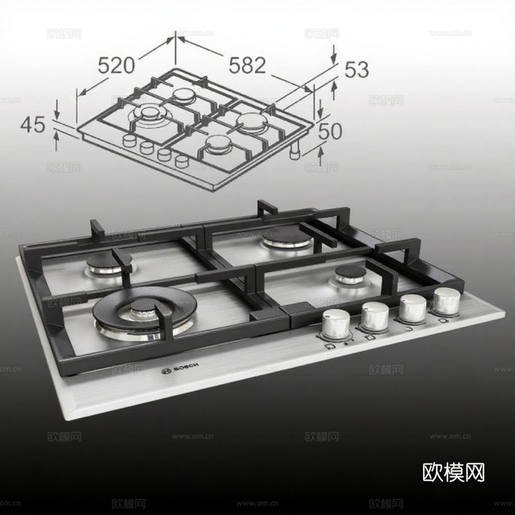BOSCH博世嵌入式燃气灶 不锈钢四眼家用灶具尺寸参数免费3d模型