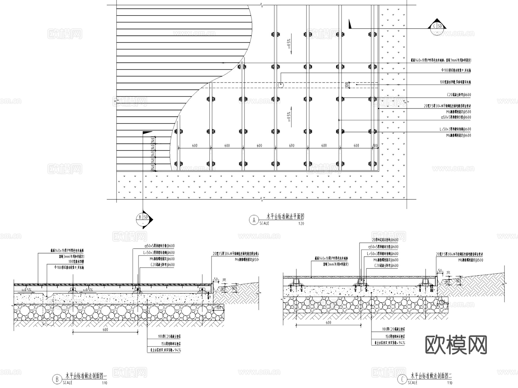 园林景观防腐木铺装木平台栈道节点大样CAD施工详图集 37套cad施工图