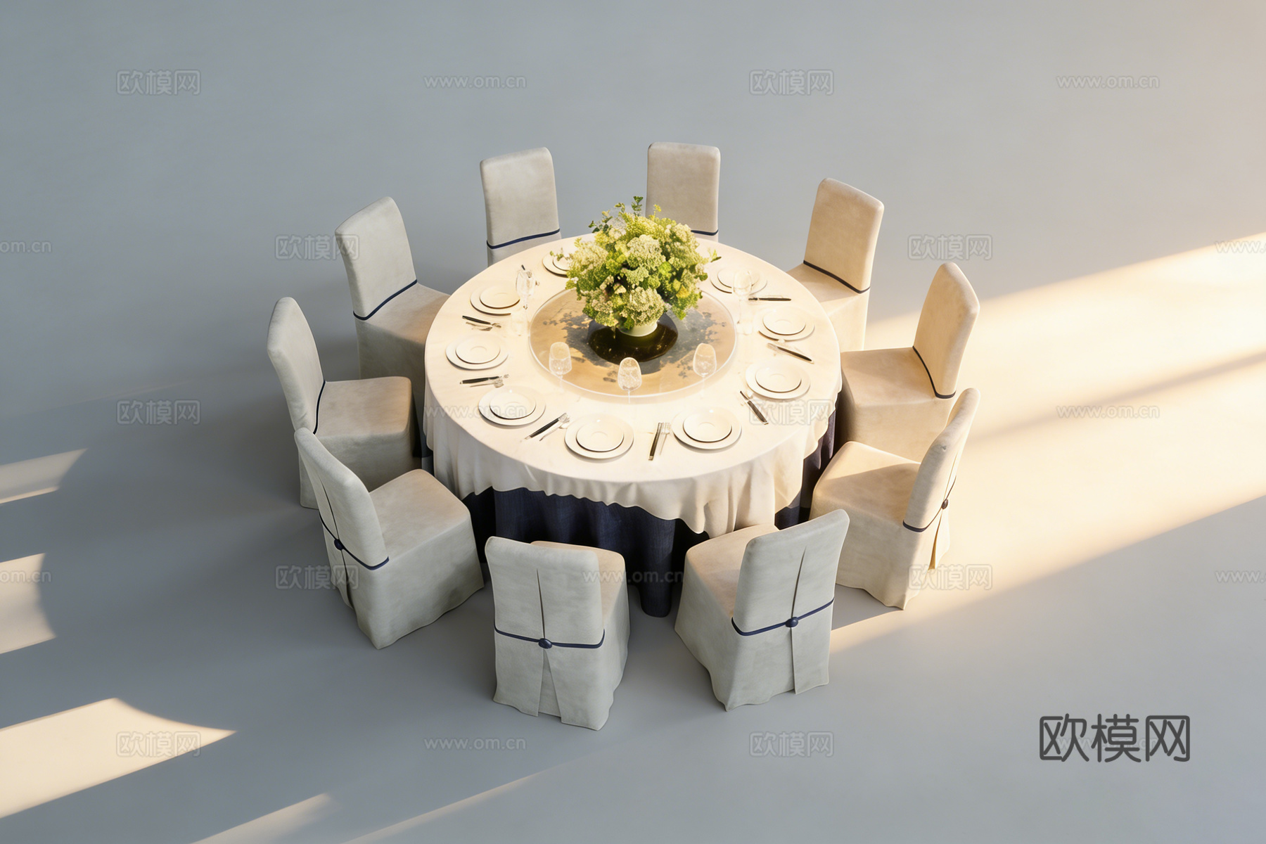 现代简约圆形餐桌 8人位餐椅 带餐具摆台su模型