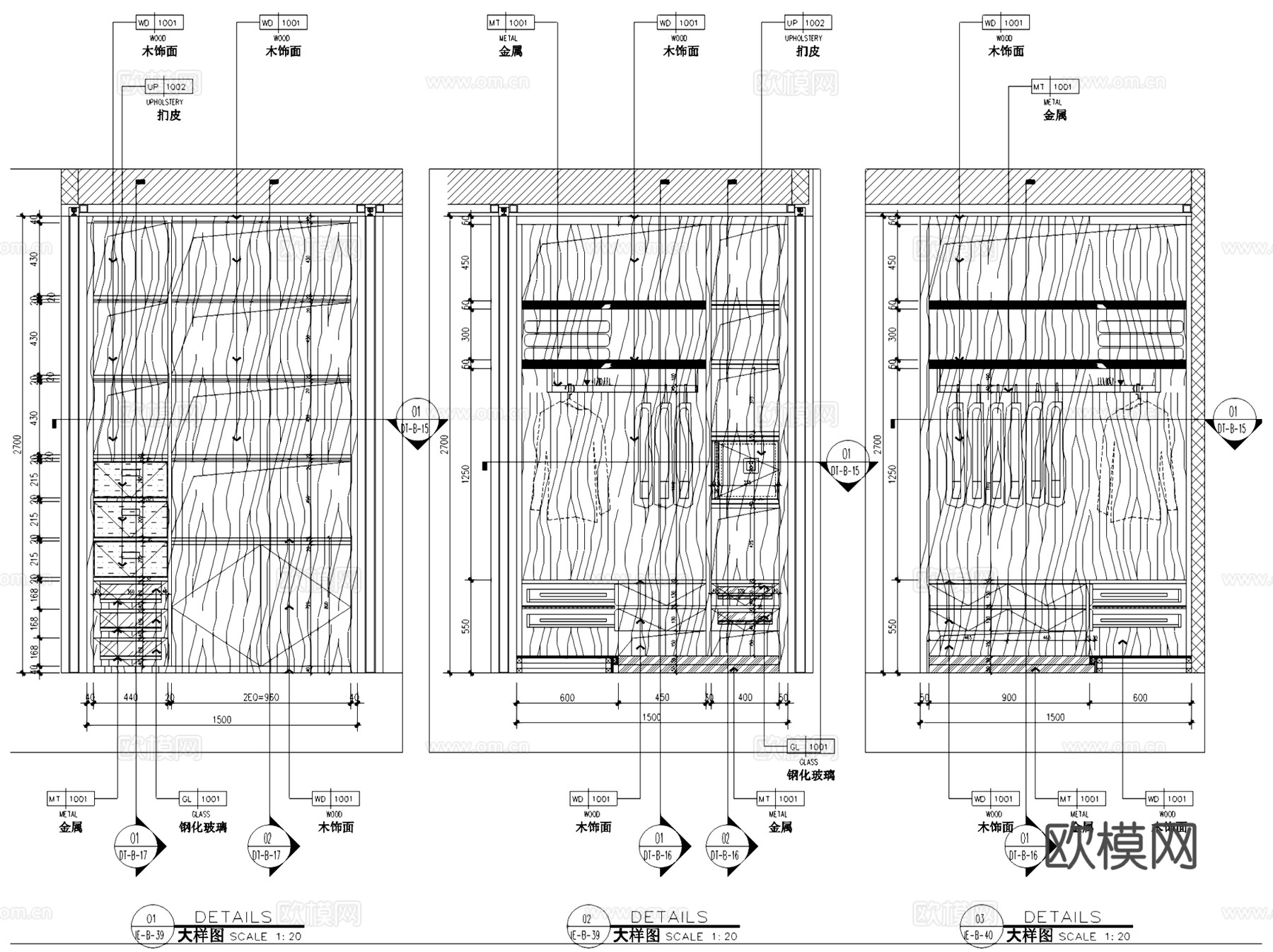室内双三移门衣柜节点大样详图CAD施工图集 30套cad施工图