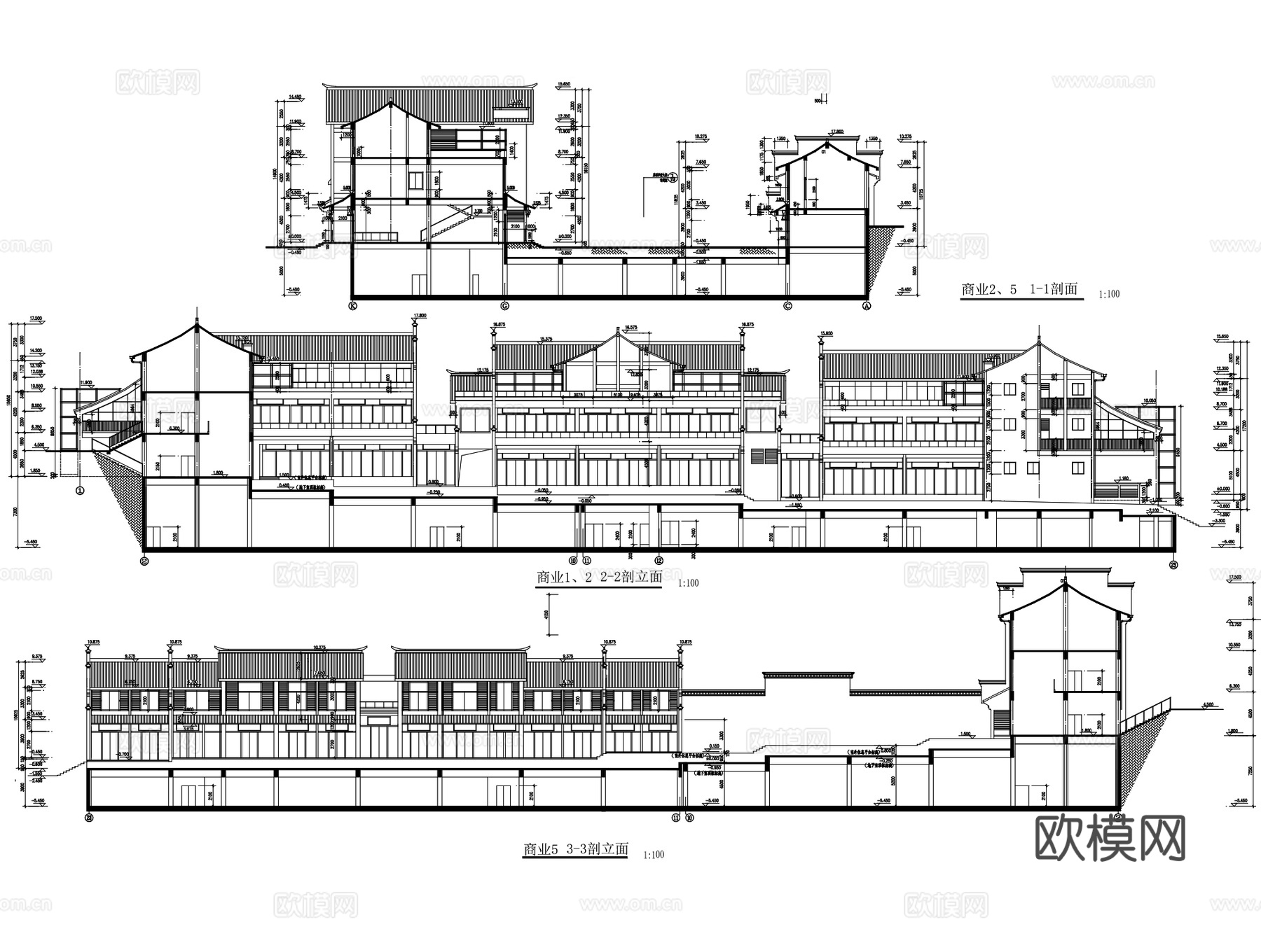 商业街步行街建筑平立剖面CAD施工图集 20套cad施工图