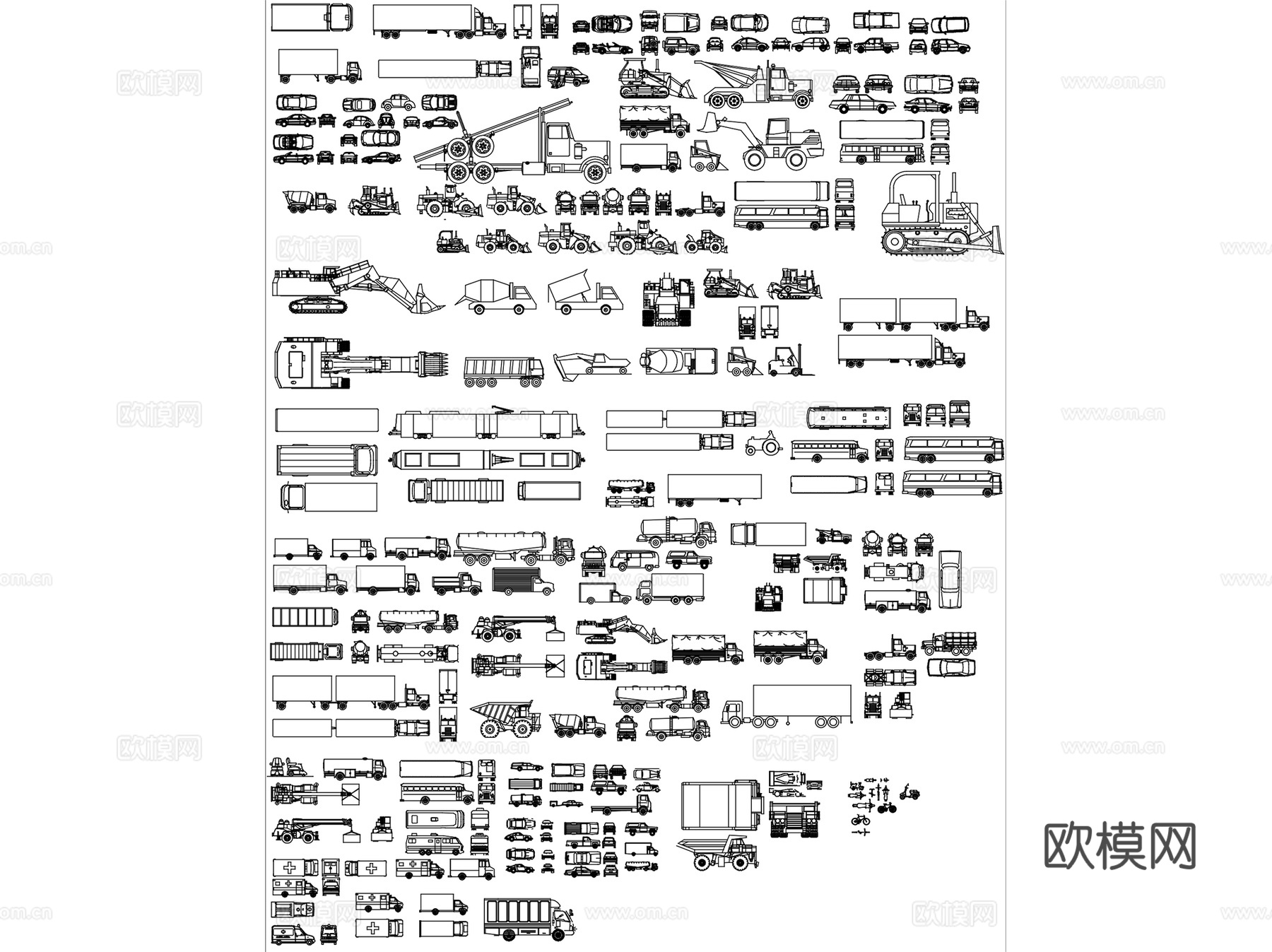 汽车卡车运输车吊车交通工具平面CAD图块图库集 4套cad施工图