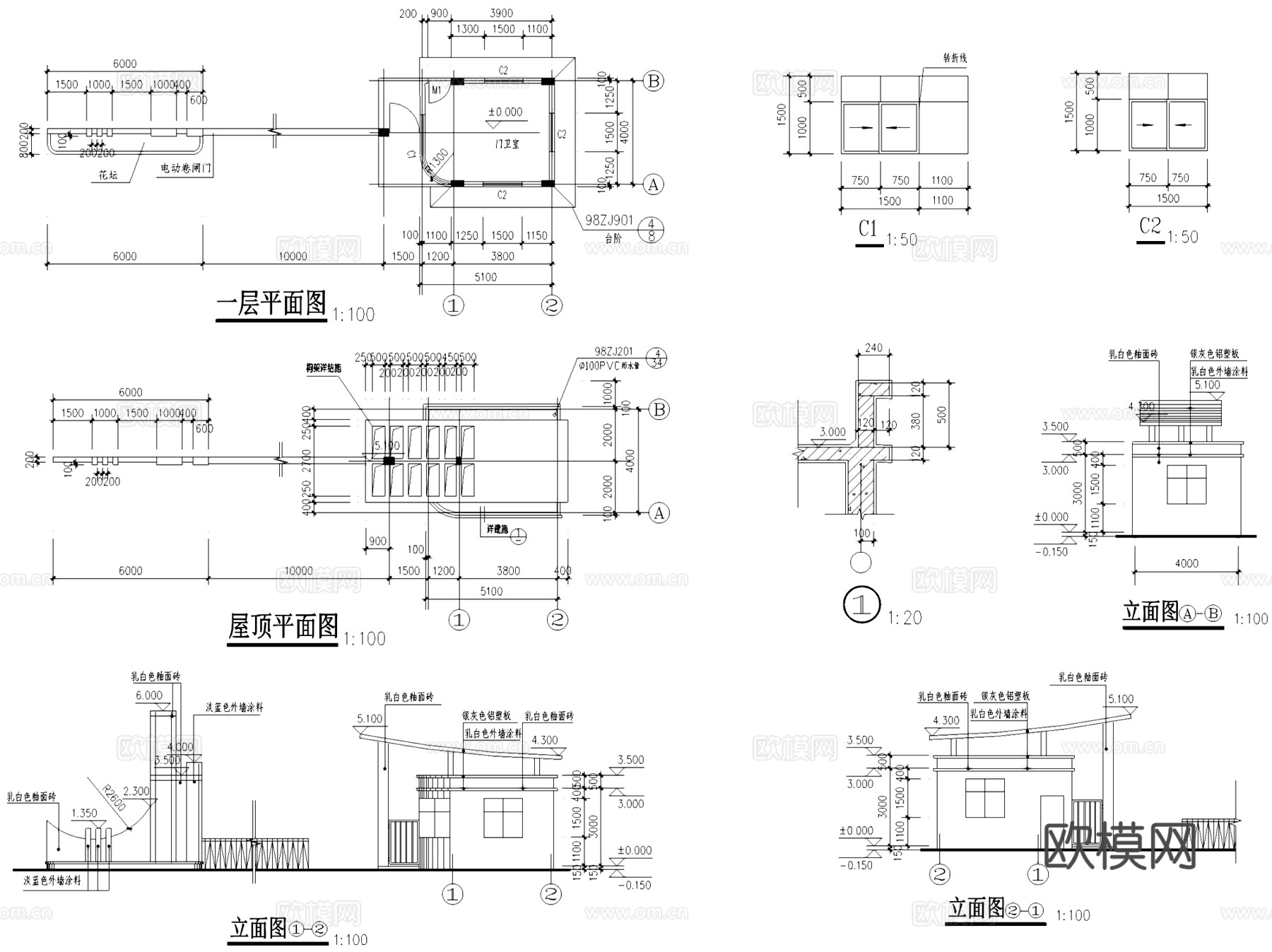 入口大门及传达室门卫建筑CAD施工图集 175套cad施工图cad施工图