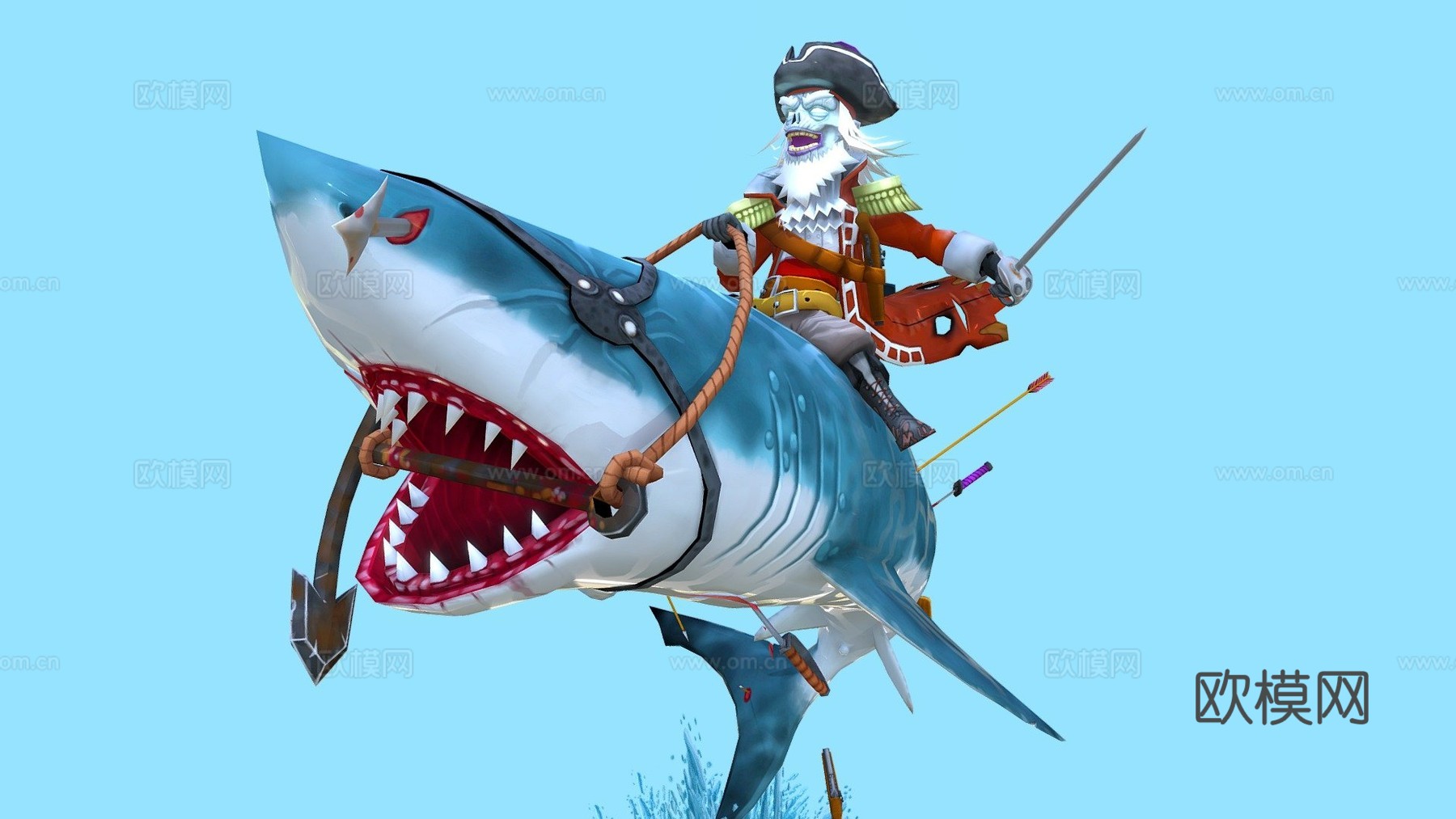 一个骑着鲨鱼的不死海盗3d模型下载（渲染图1）