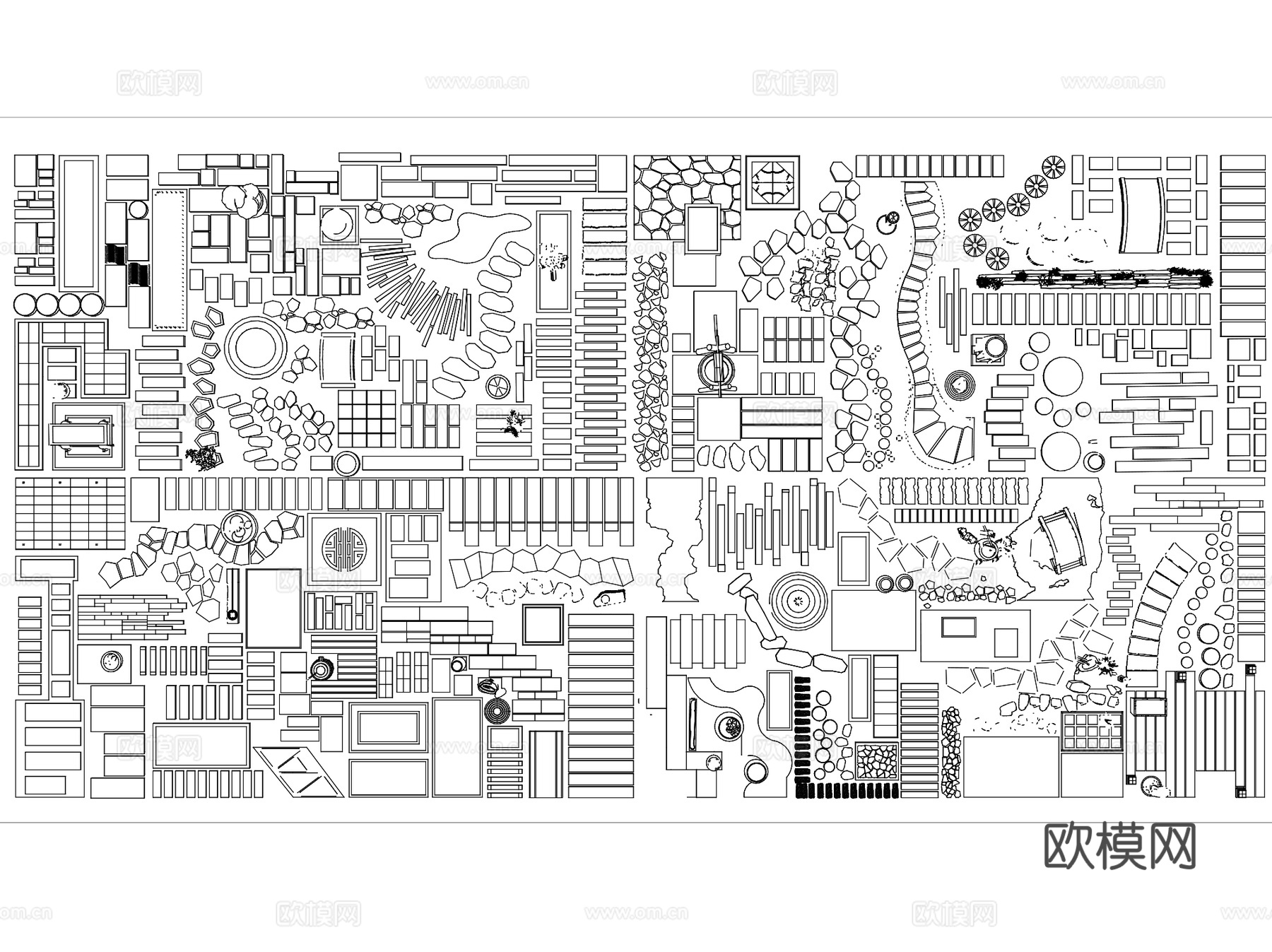 中式景观汀步小路青石板步道平面CAD图块图库集 4套cad施工图