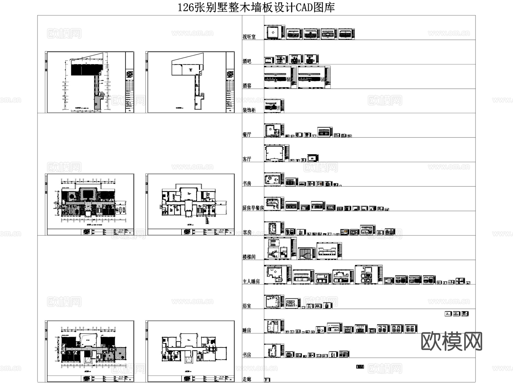 别墅整木板墙护墙板图块图库CAD施工图集 6套cad施工图