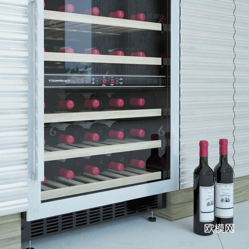 嵌入式酒柜透明玻璃门 多层实木酒架智能温控 现代厨房高端红酒收藏柜免费3d模型下载
