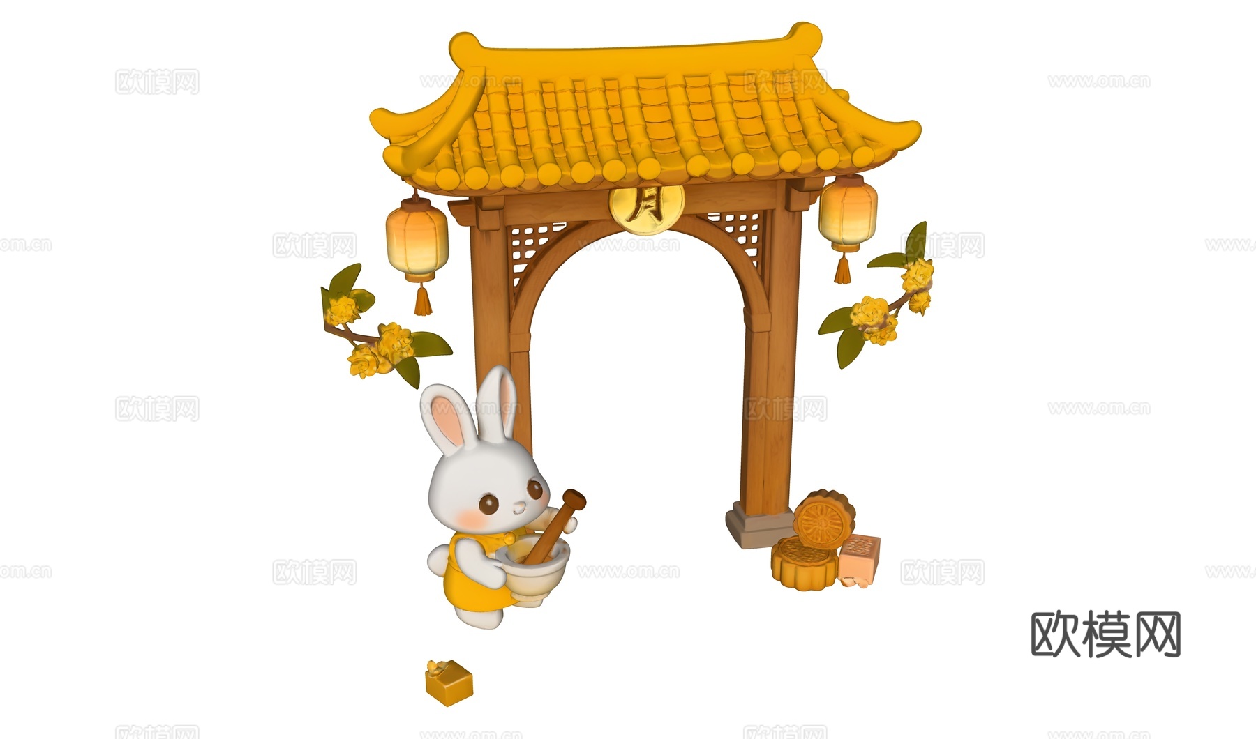 月亮门古剑小白兔月饼组合su模型
