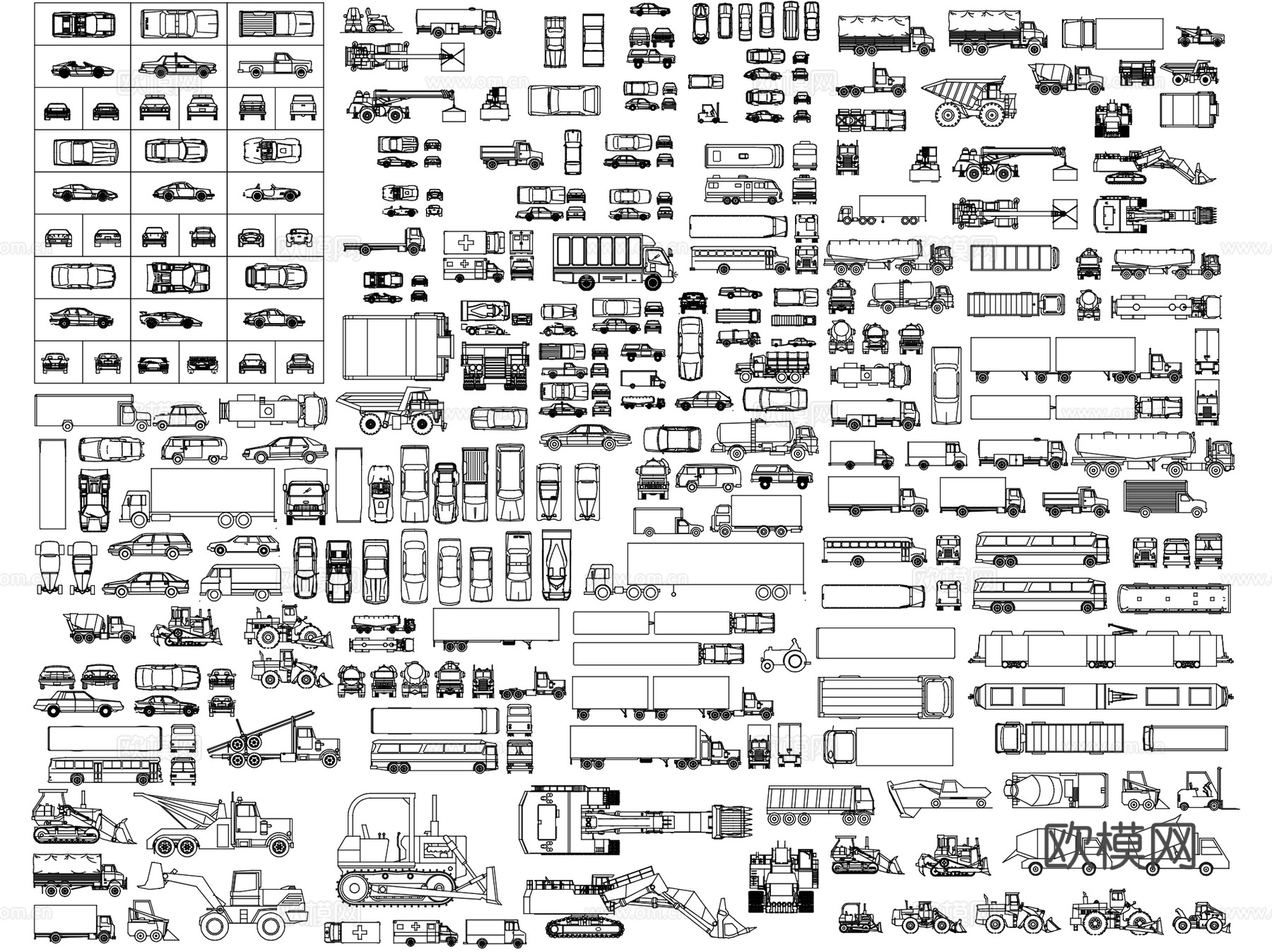 汽车卡车运输车吊车交通工具平面CAD图块图库集 4套cad施工图