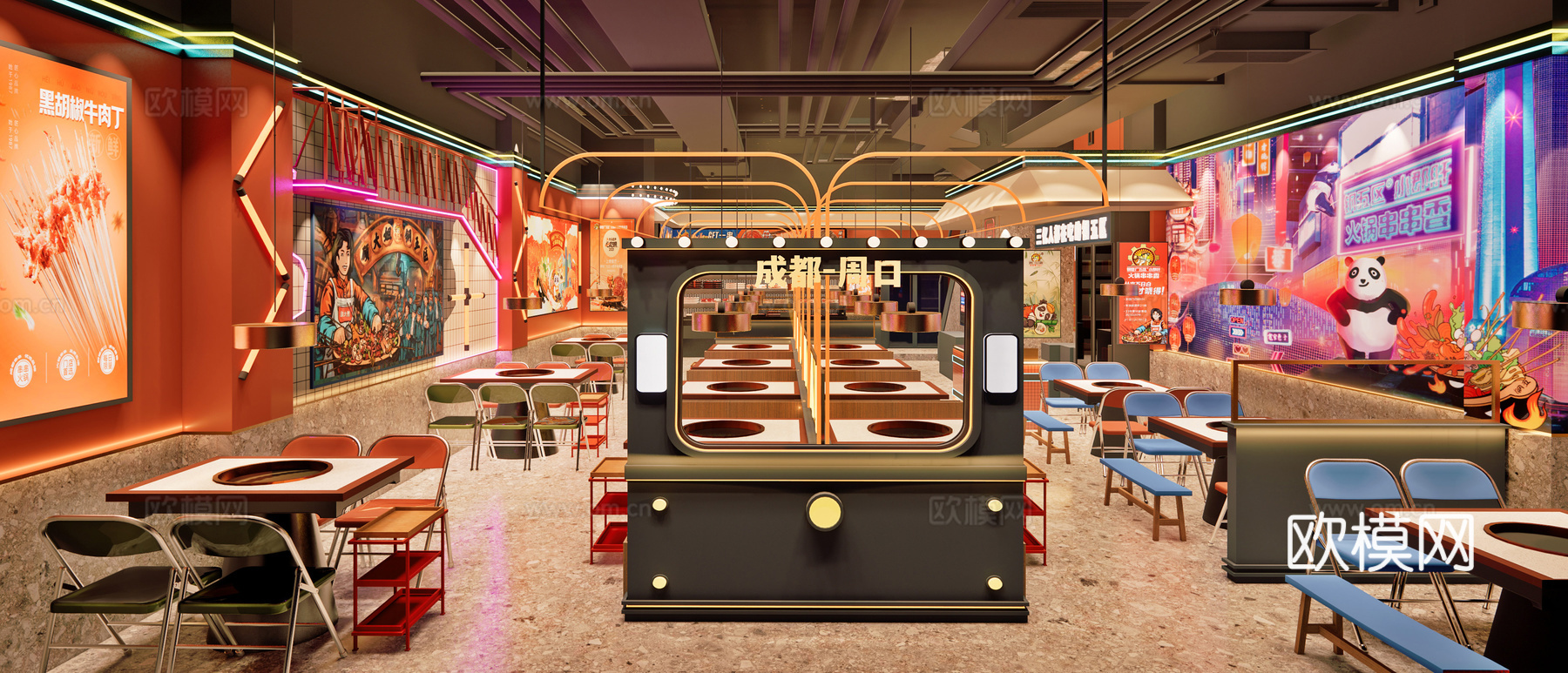 网红风火锅店 串串店 最新全套施工图 效果图合集cad施工图