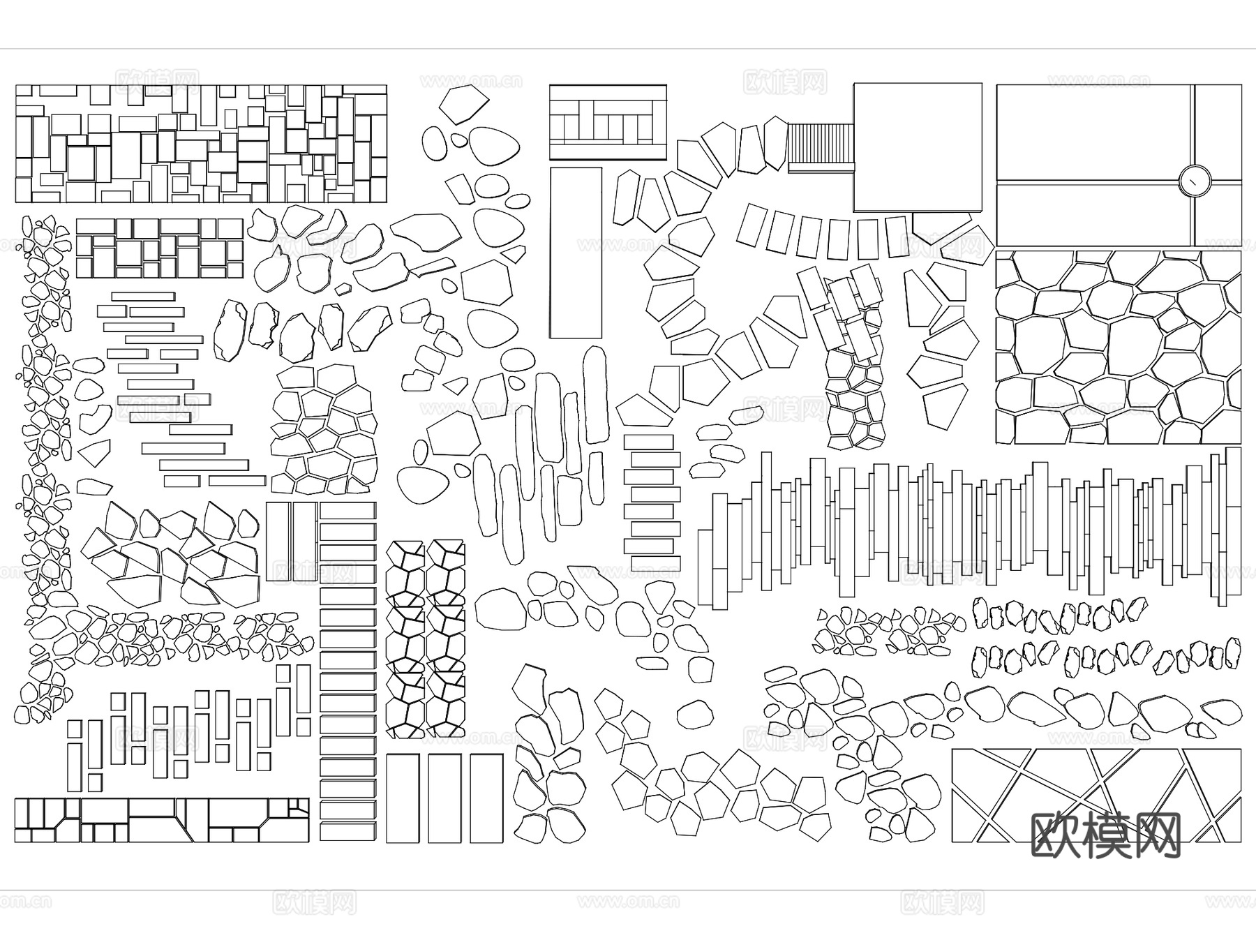中式景观汀步小路青石板步道平面CAD图块图库集 4套cad施工图
