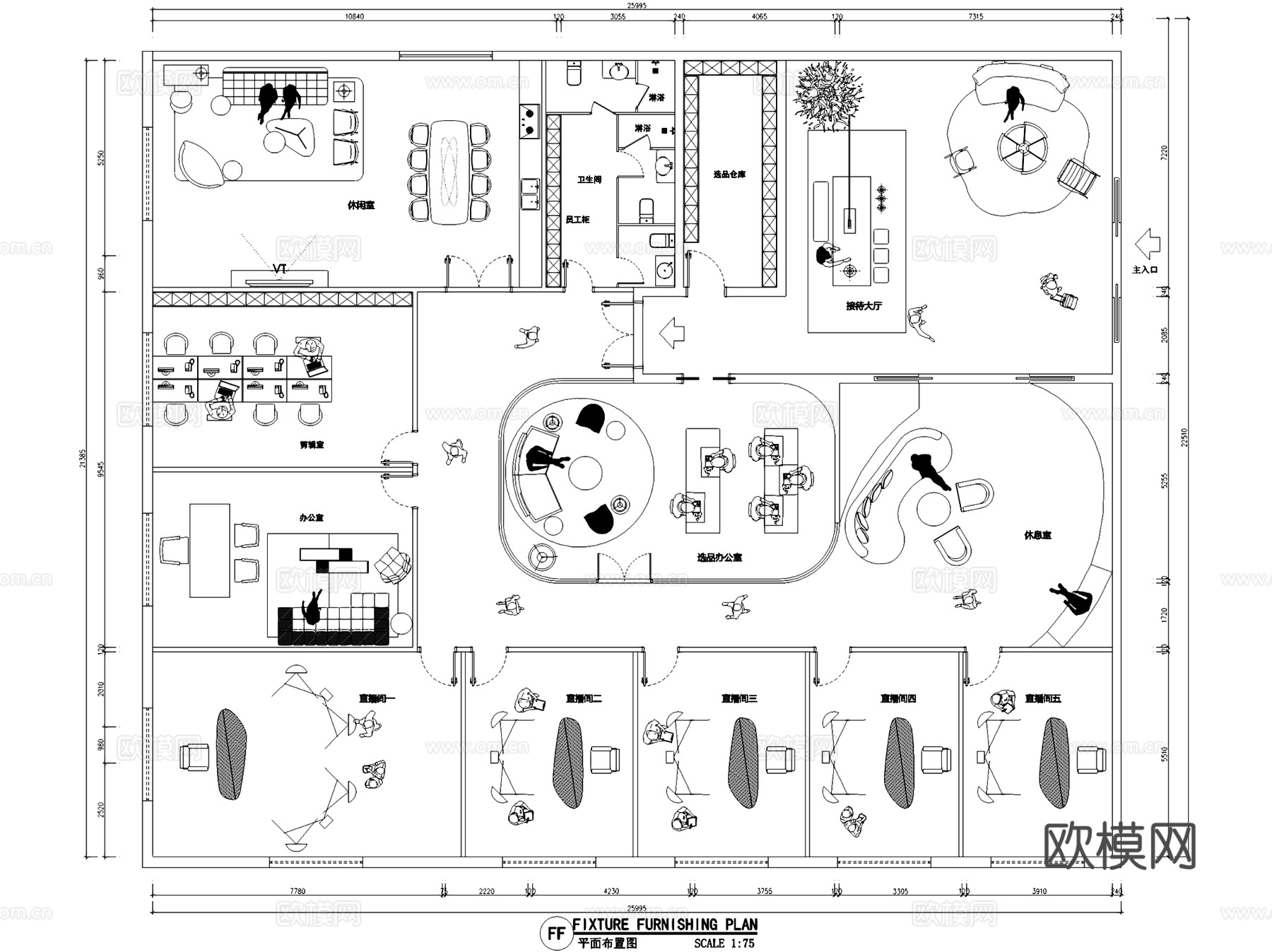 网红电商直播间室内工装平面图CAD施工图集 12套cad施工图