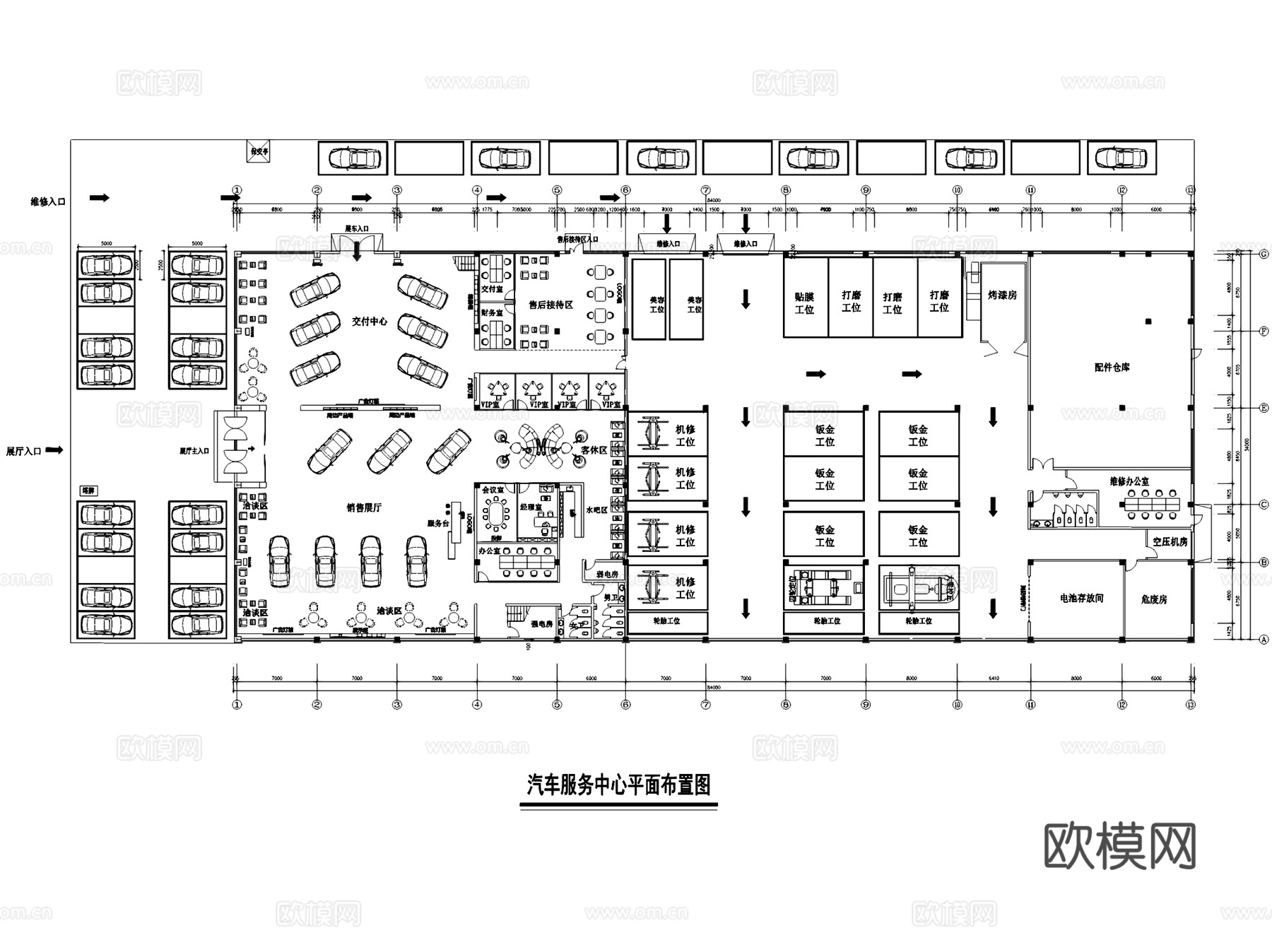汽车销售展厅4S店室内工装平面图CAD施工图集 12套cad施工图