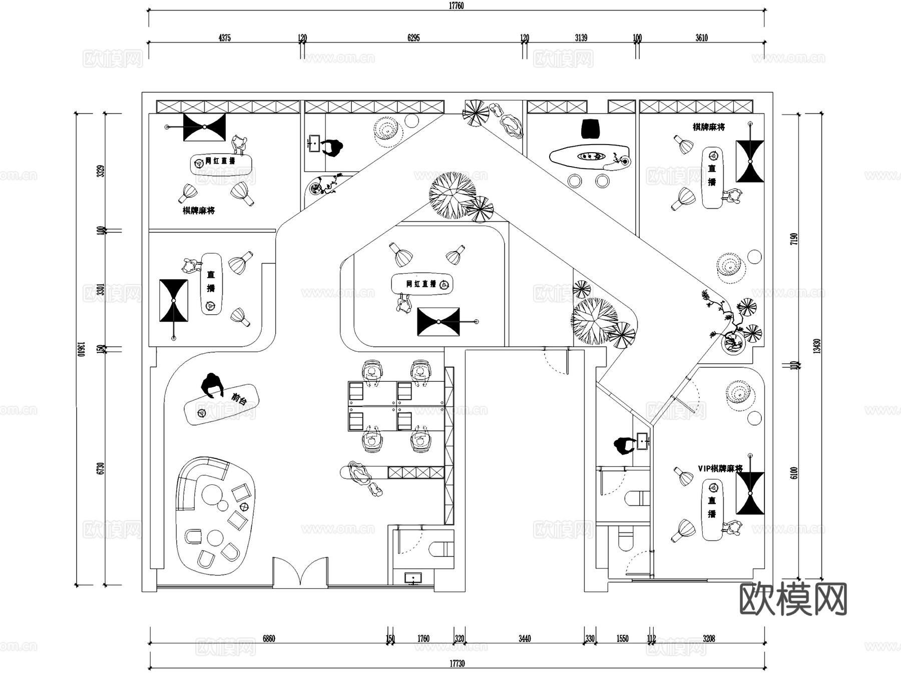 网红电商直播间室内工装平面图CAD施工图集 12套cad施工图