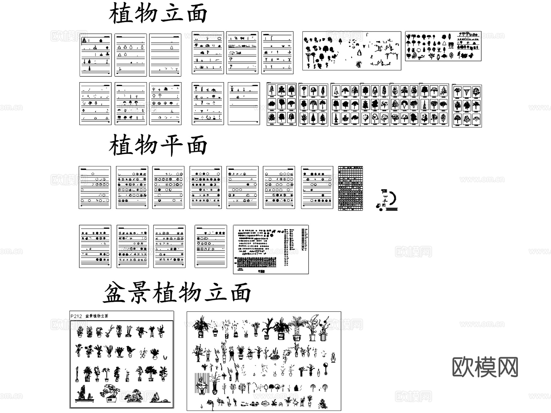 景观植物平立面图例图块图库苗木表CAD施工图集 50套cad施工图