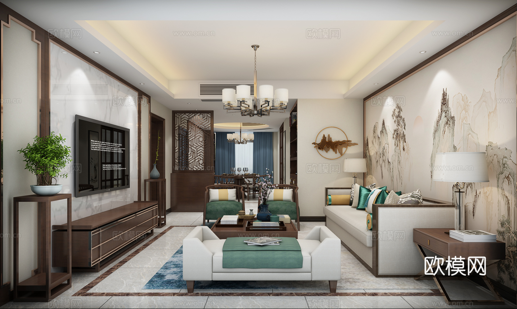 新中式客厅 沙发茶几组合 吊灯3d模型下载（渲染图2）