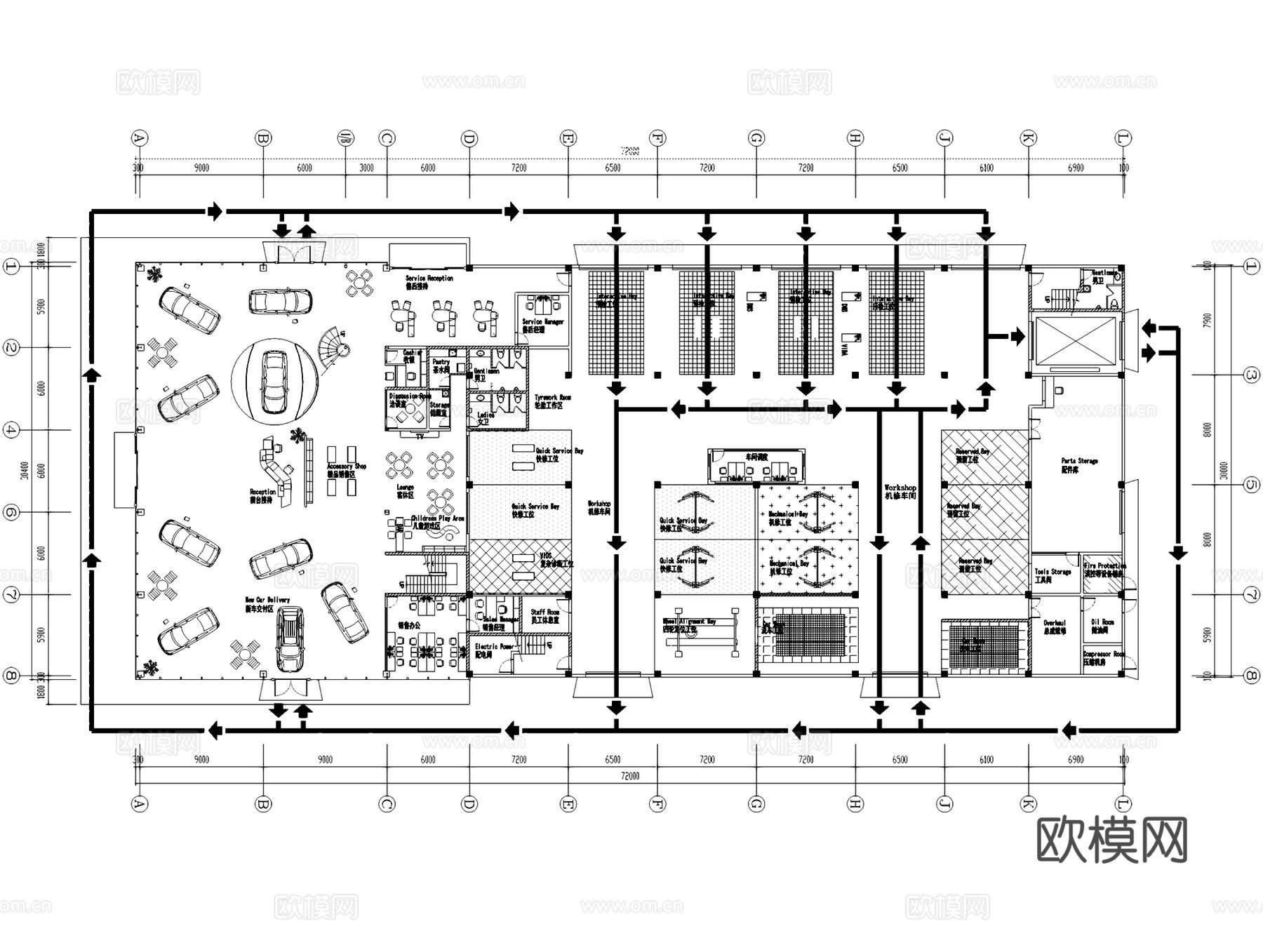 汽车销售展厅4S店室内工装平面图CAD施工图集 12套cad施工图