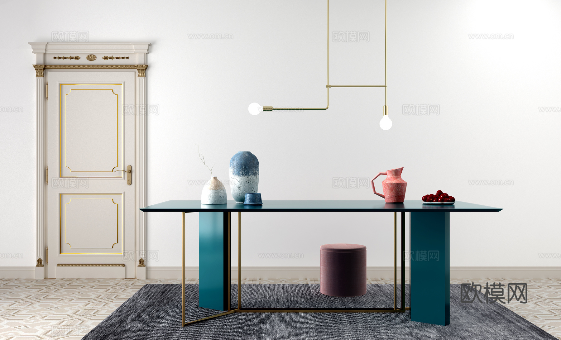 北欧休闲桌凳 门 吊灯 艺术罐3d模型下载（渲染图1）