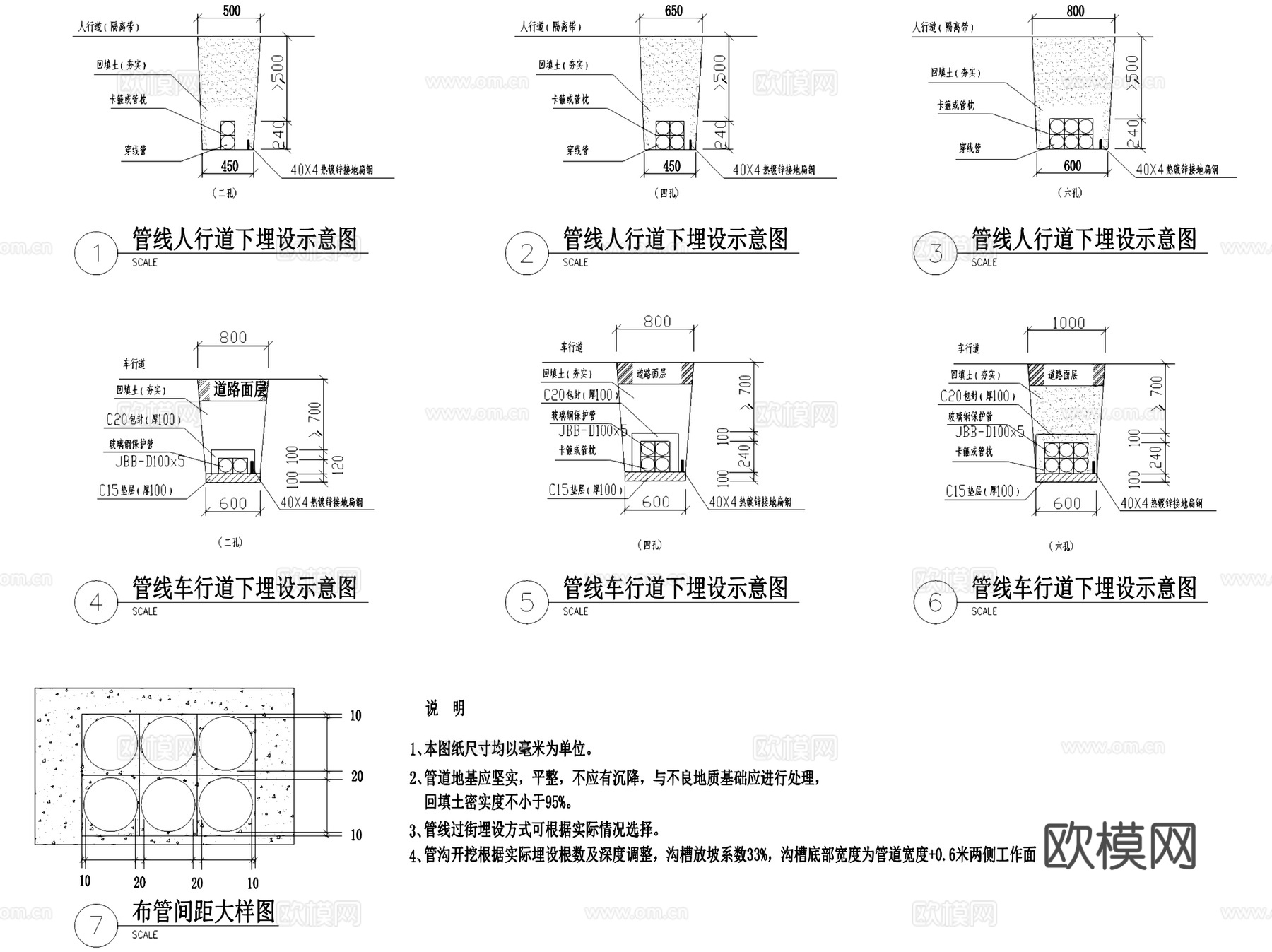 管沟管道包管涵管雨污水管管线埋管开挖回填CAD施工图集 9套cad施工图