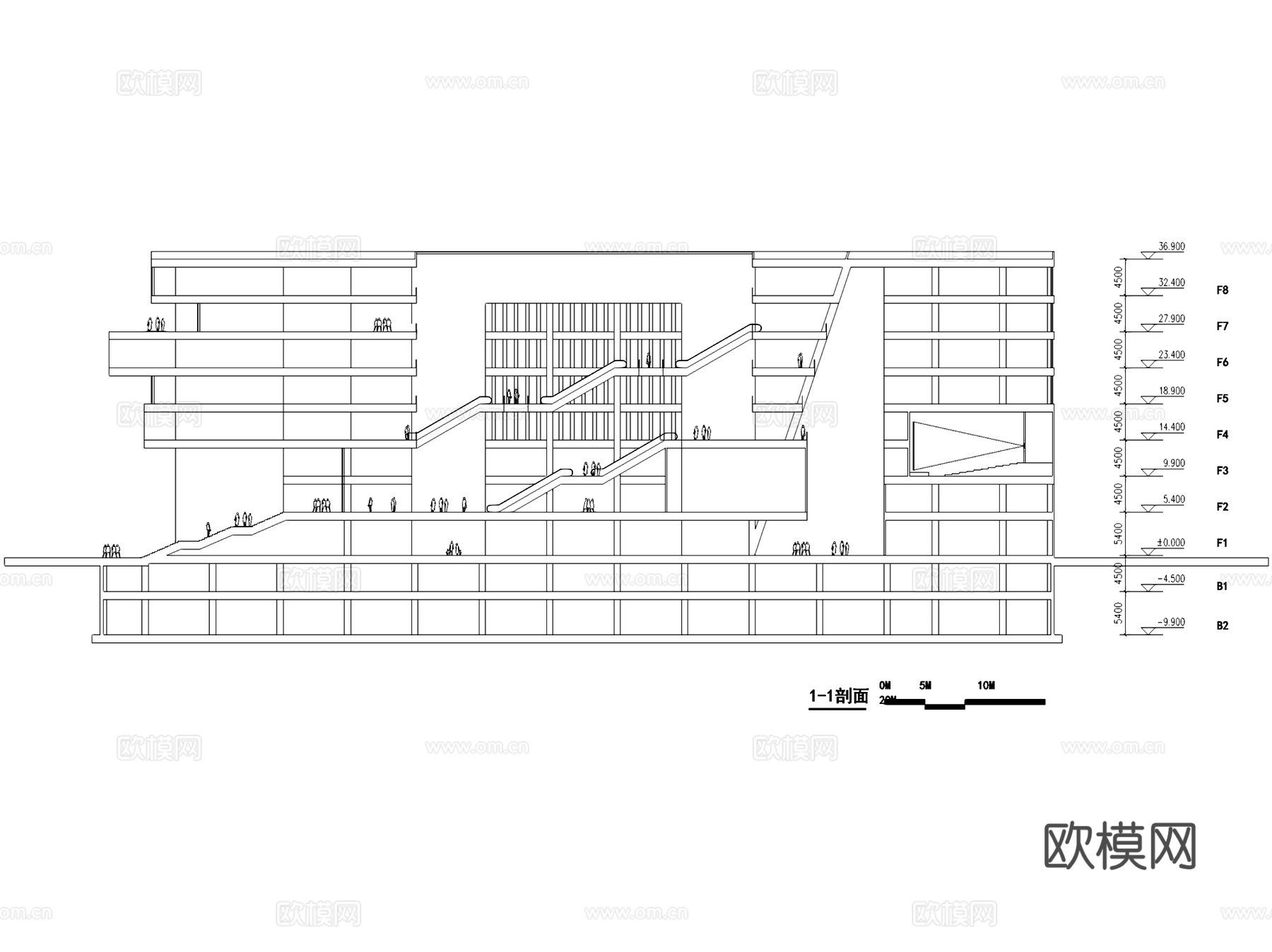 八层塘沽图书馆建筑规划平剖面CAD施工图cad施工图