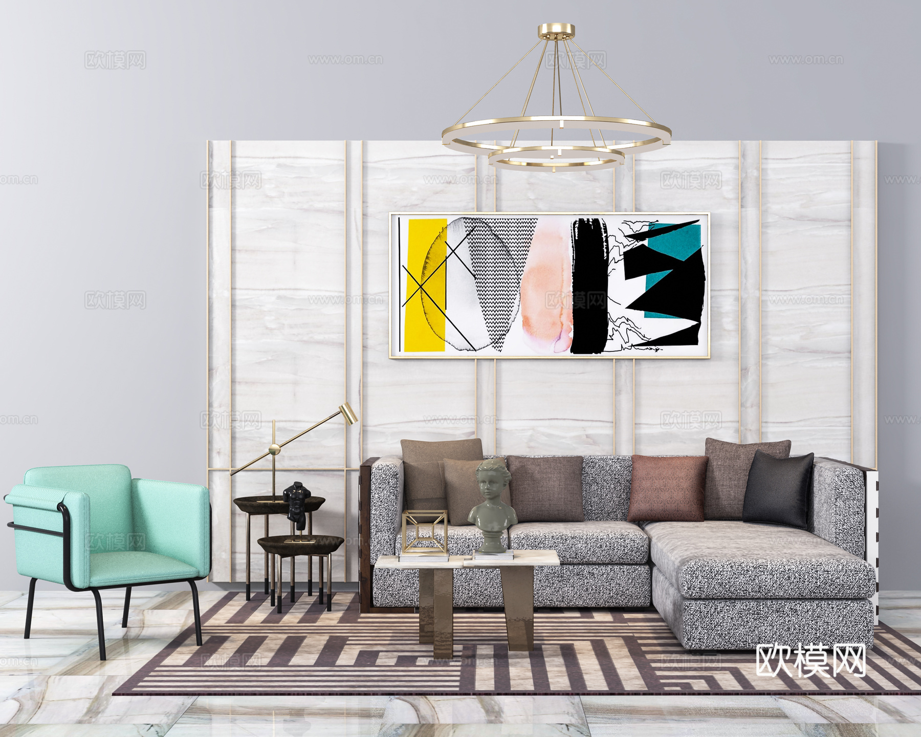 现代转角布艺沙发 单椅挂画背景组合3d模型下载（渲染图1）