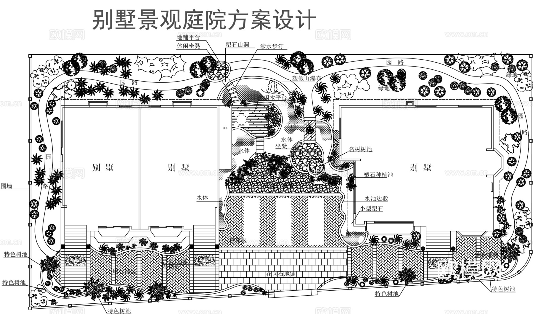 别墅花园造景平面布置图cad施工图