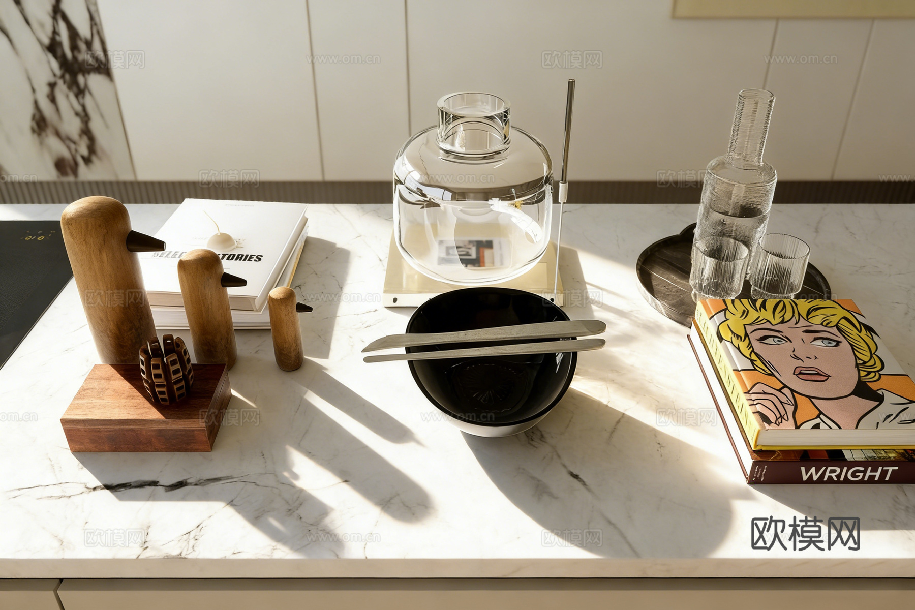 侘寂风静物摆件 抽象小鸟 褶皱陶罐 书籍su模型