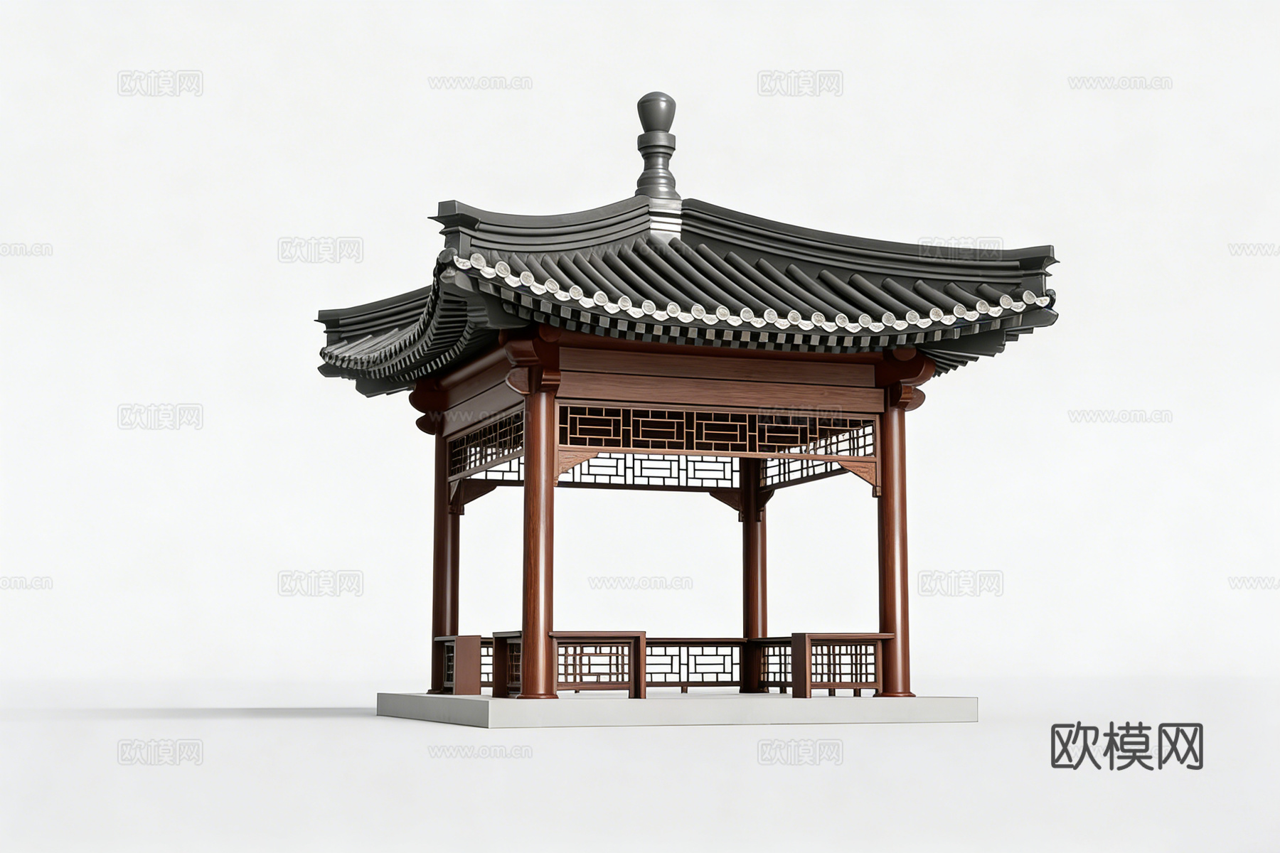 中式仿古六角凉亭 木结构灰瓦顶 带挂落瓦当 园林庭院景观建筑su模型