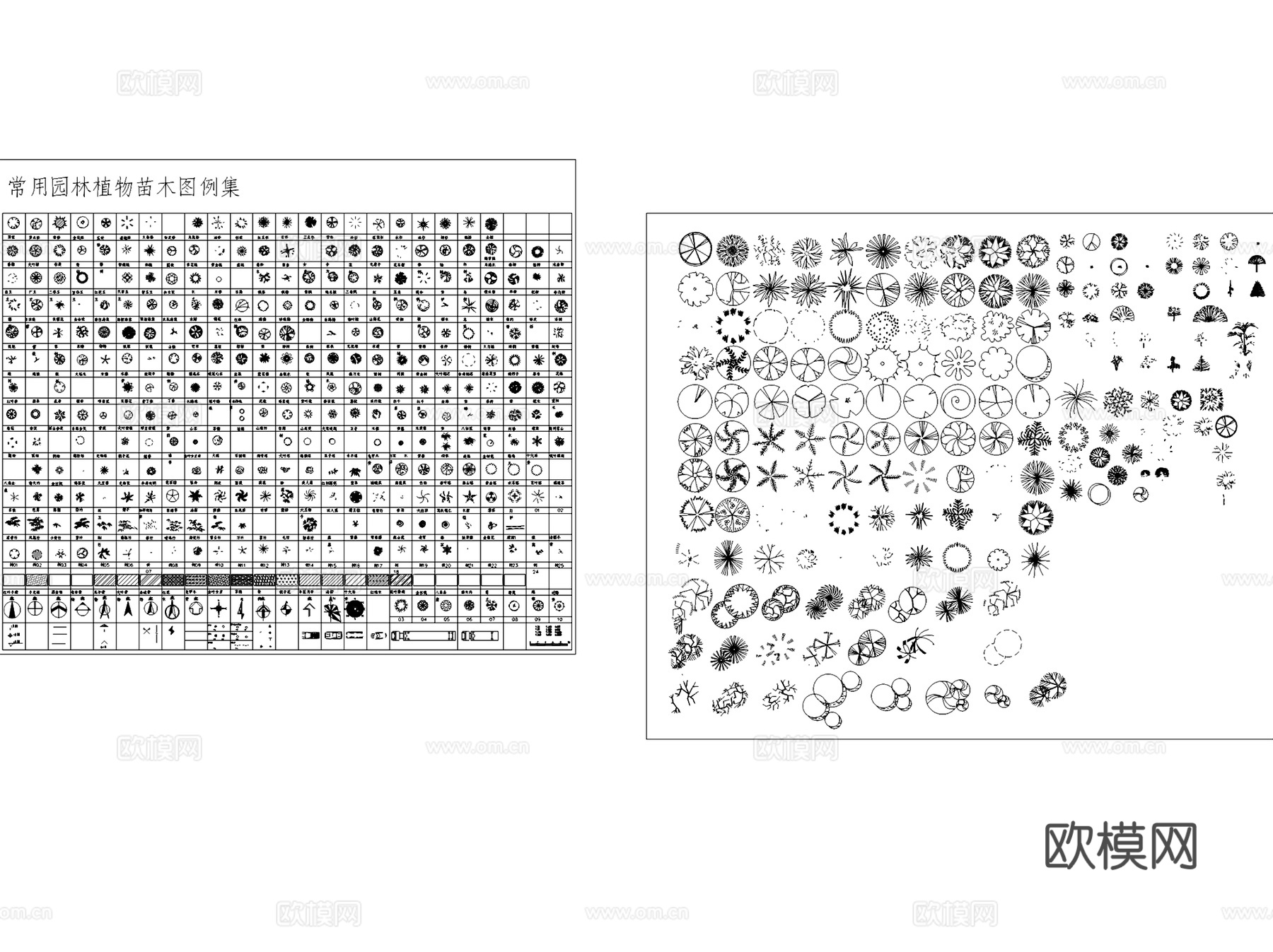 景观植物平立面图例图块图库苗木表CAD施工图集 50套cad施工图