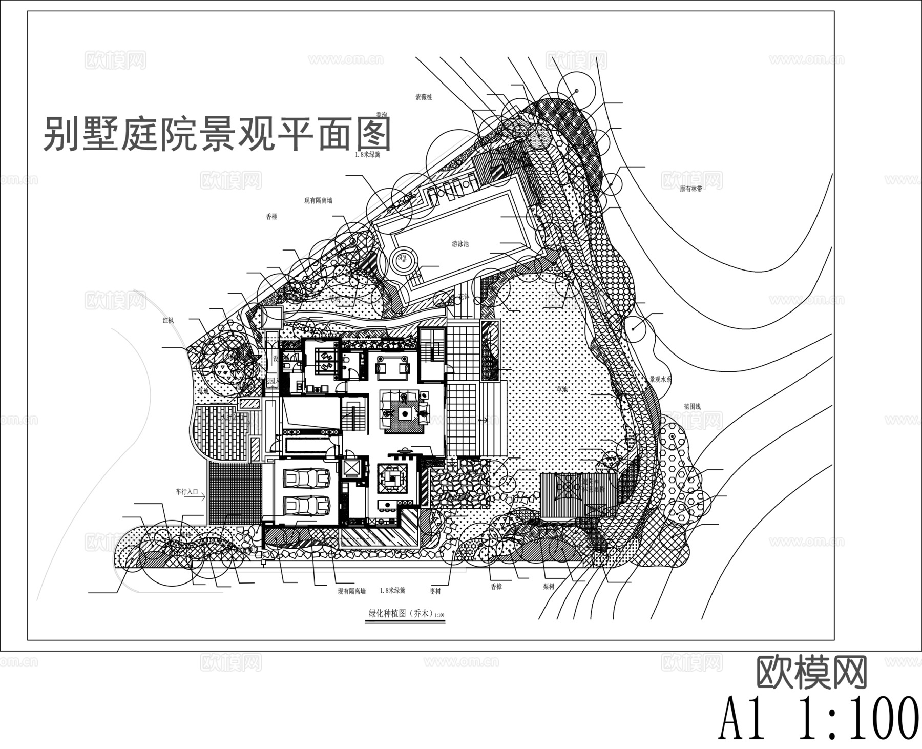 别墅庭院花园造景平面图cad施工图
