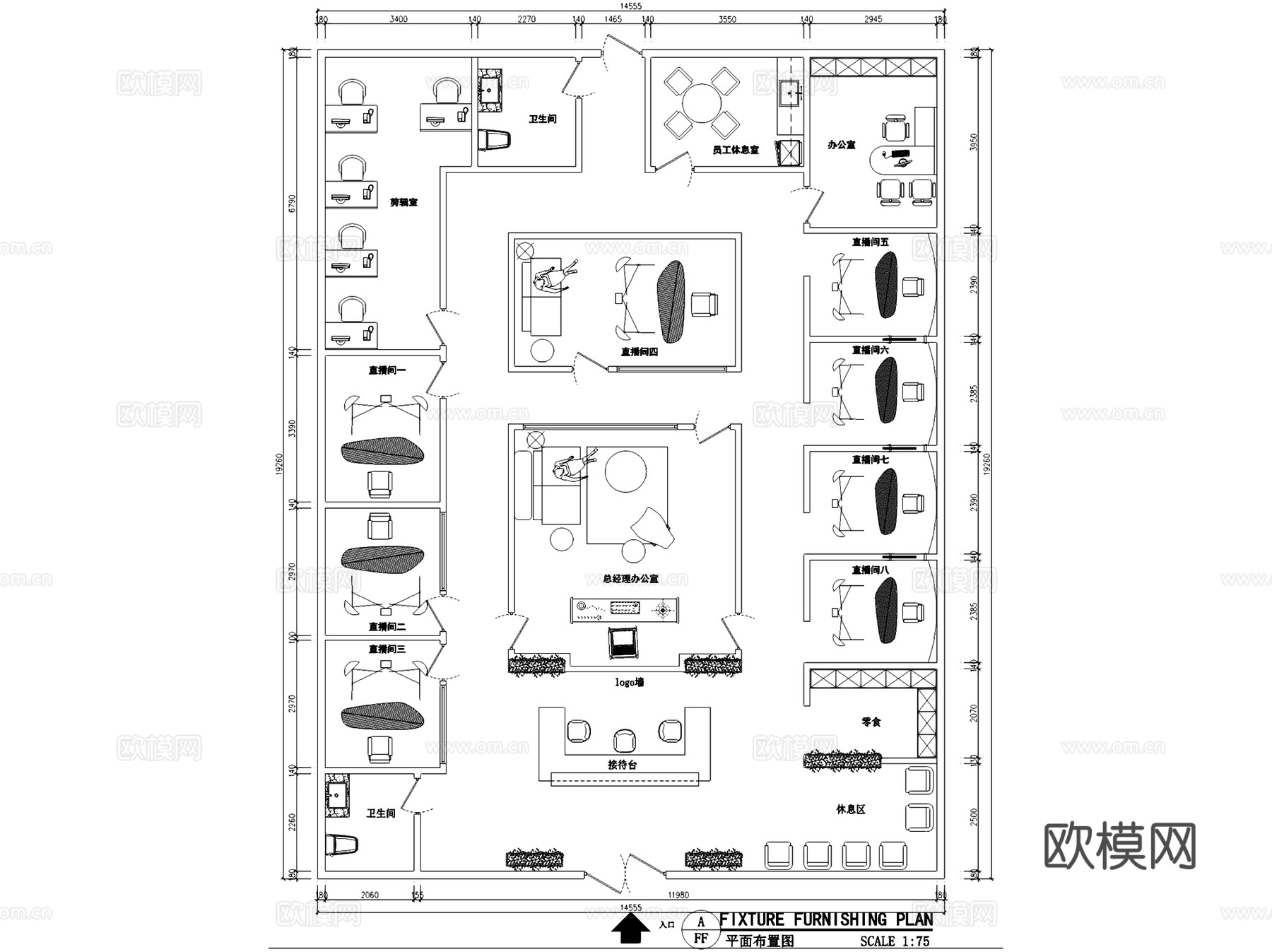 网红电商直播间室内工装平面图CAD施工图集 12套cad施工图