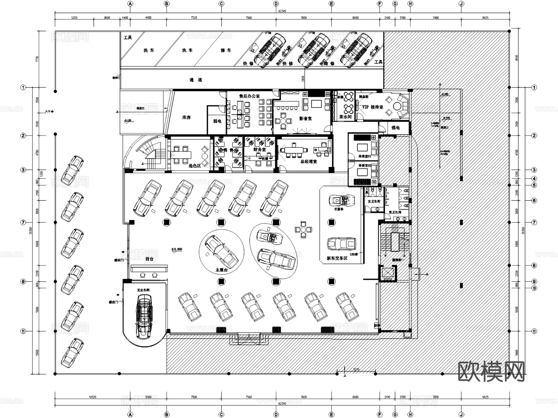 汽车销售展厅4S店室内工装平面图CAD施工图集 12套cad施工图