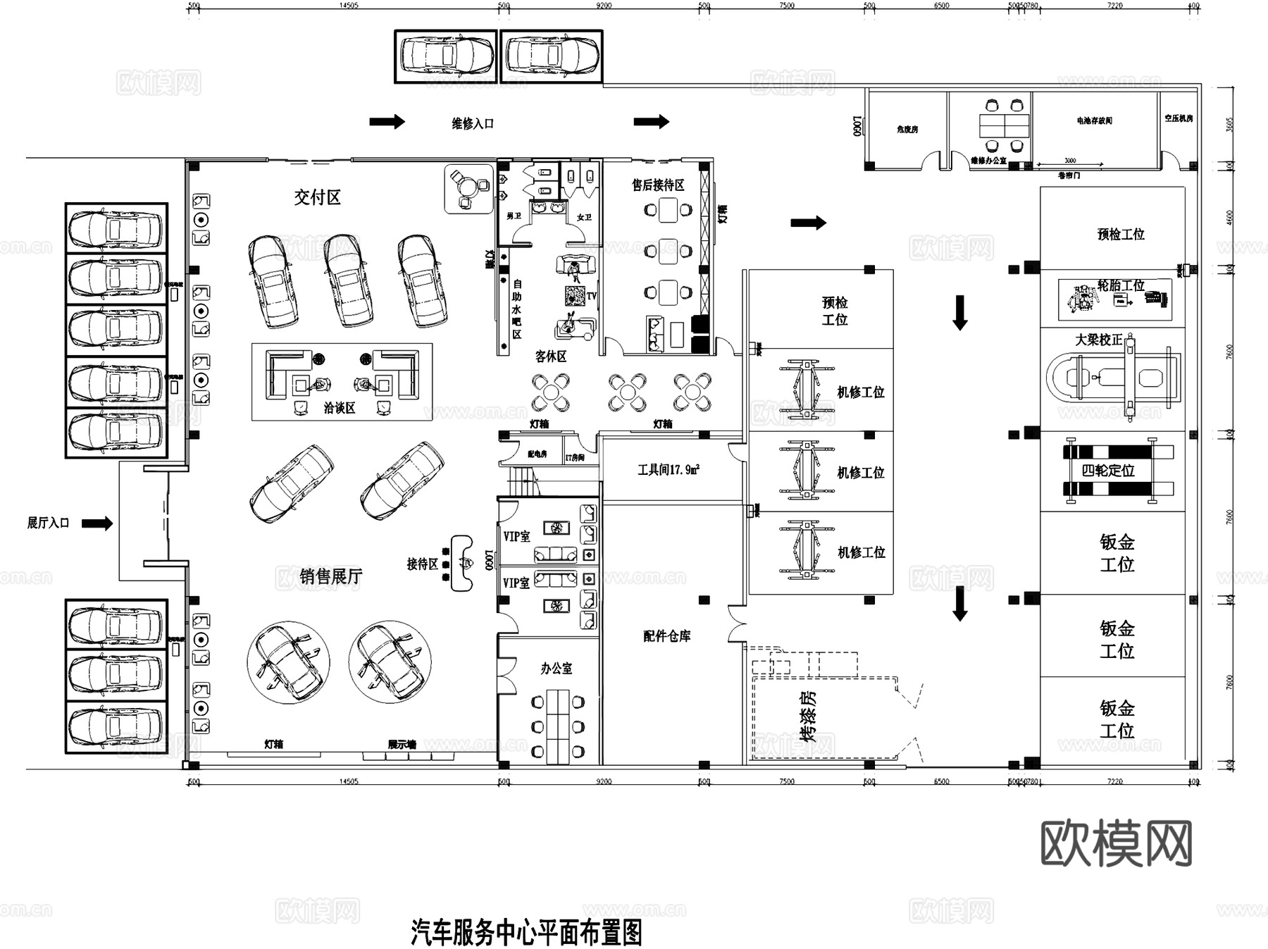 汽车销售展厅4S店室内工装平面图CAD施工图集 12套cad施工图