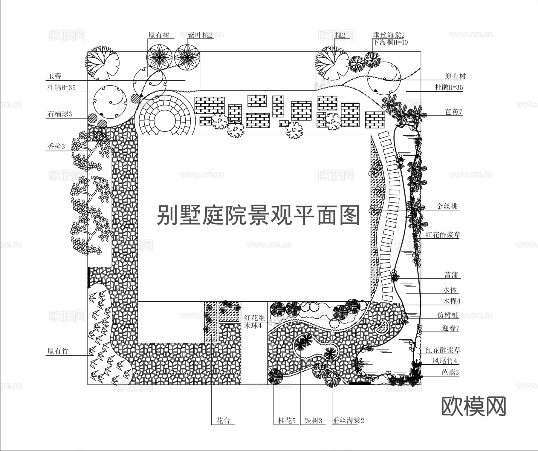 别墅庭院景观绿化方案cad施工图