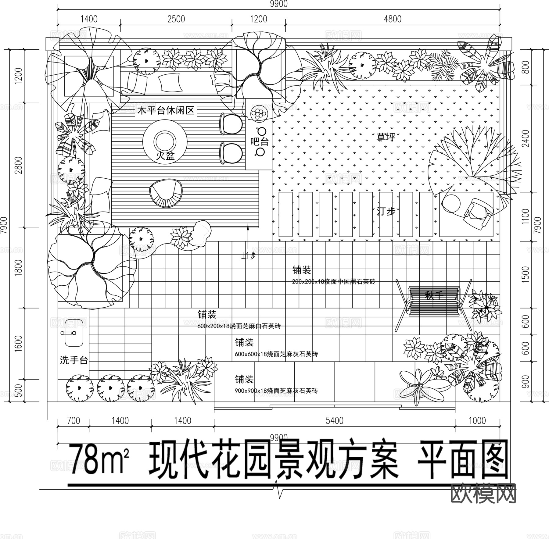 现代别墅庭院景观平面图cad施工图下载