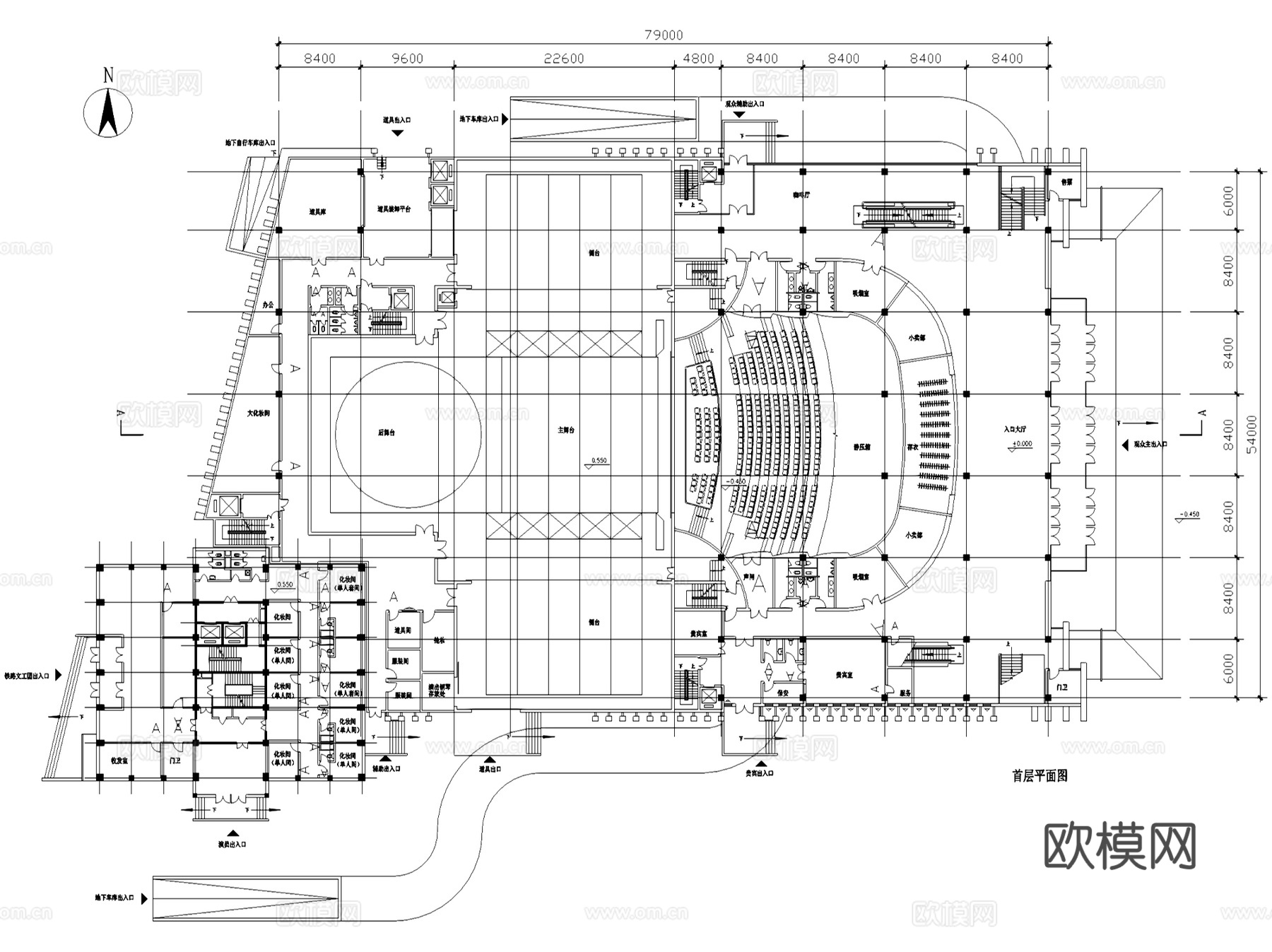 二七剧场建筑平立剖面CAD施工图集cad施工图