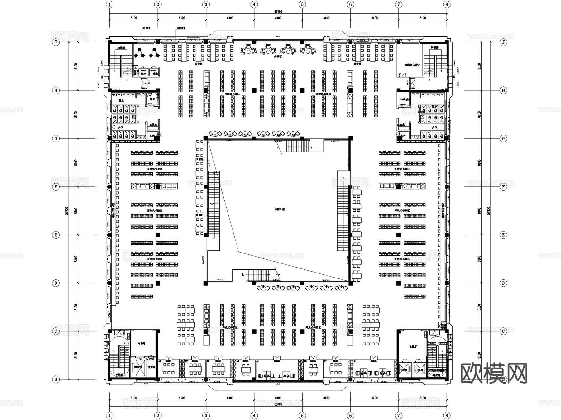 图书馆阅览室档案室书吧室内工装平面CAD施工图集 19套cad施工图