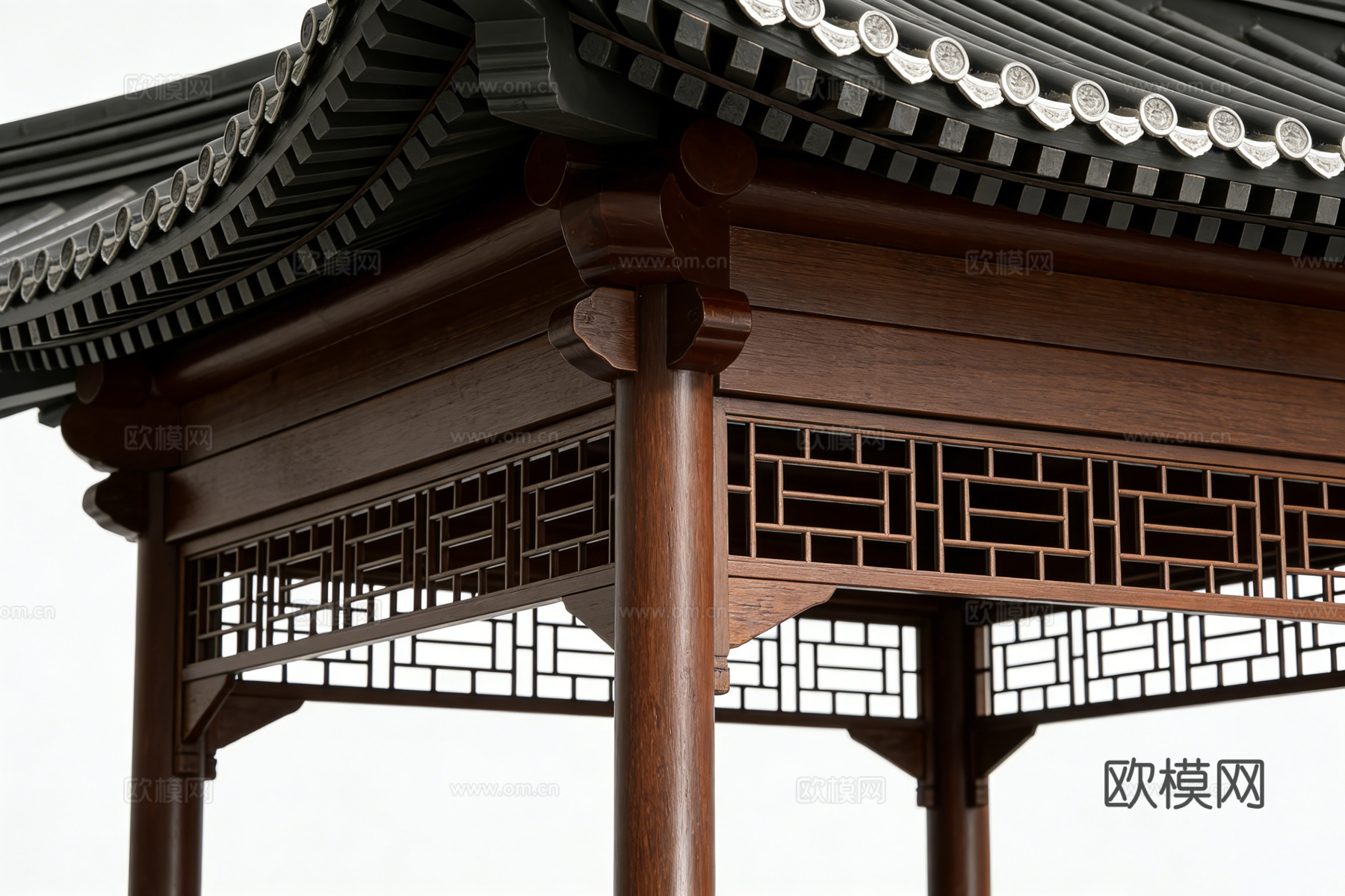 中式仿古六角凉亭 木结构灰瓦顶 带挂落瓦当 园林庭院景观建筑su模型