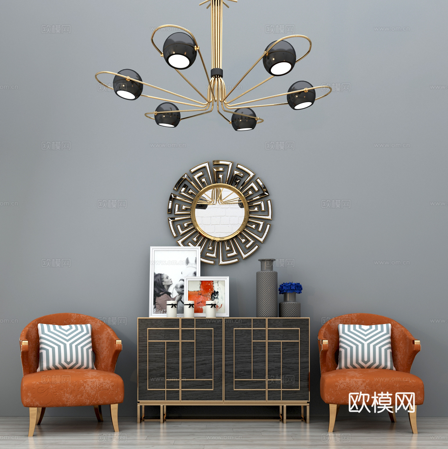 新中式休闲椅 单人椅 玄关柜 边柜 端景台 多头吊灯 金3d模型下载（渲染图1）
