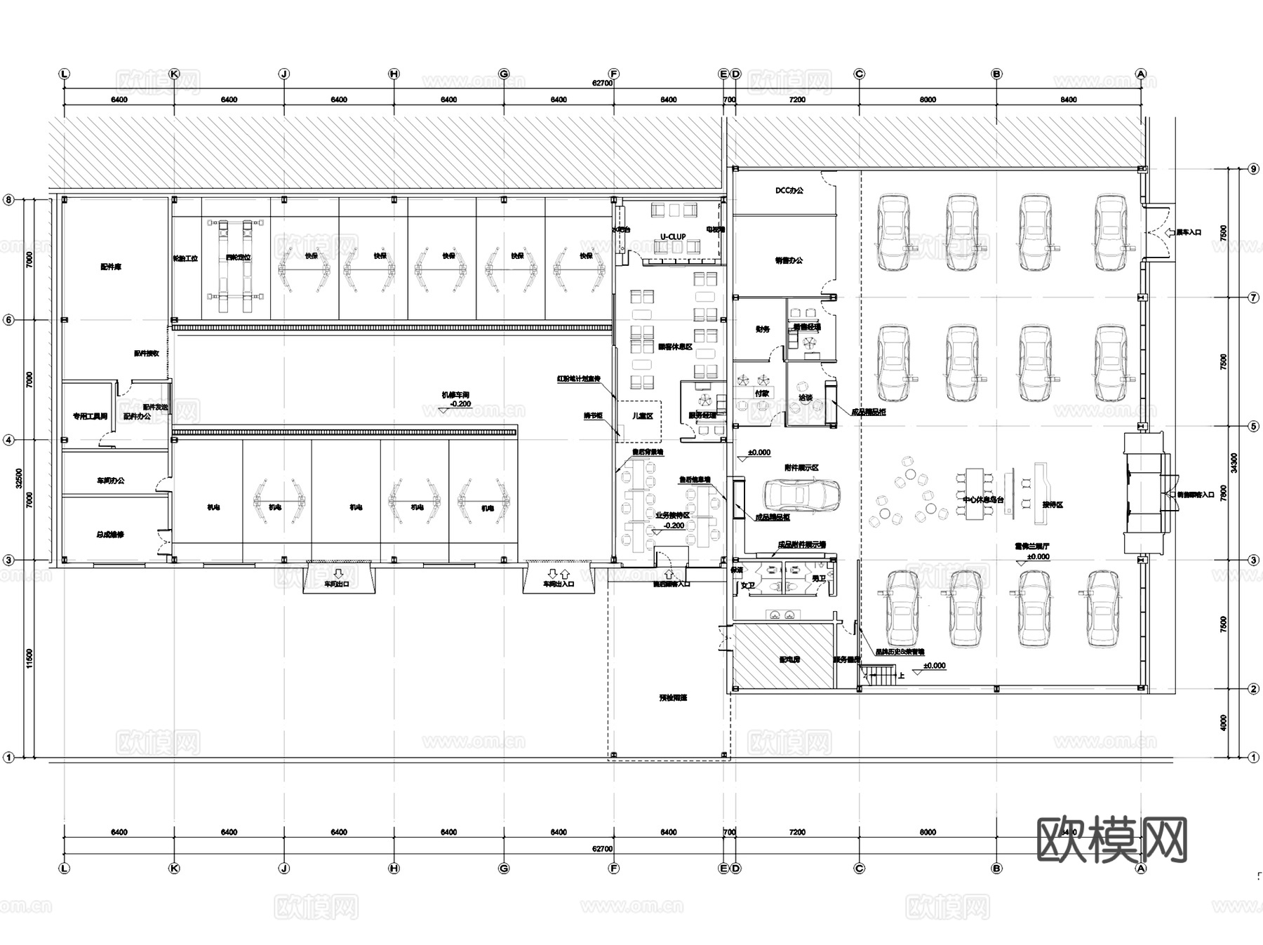 汽车销售展厅4S店室内工装平面图CAD施工图集 12套cad施工图