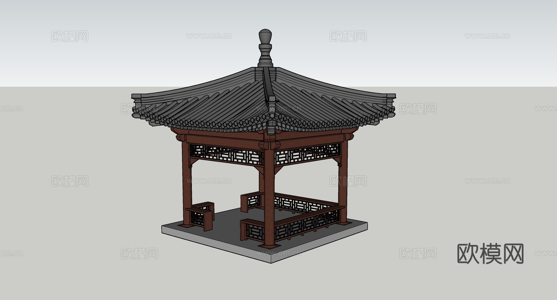 中式仿古六角凉亭 木结构灰瓦顶 带挂落瓦当 园林庭院景观建筑su模型