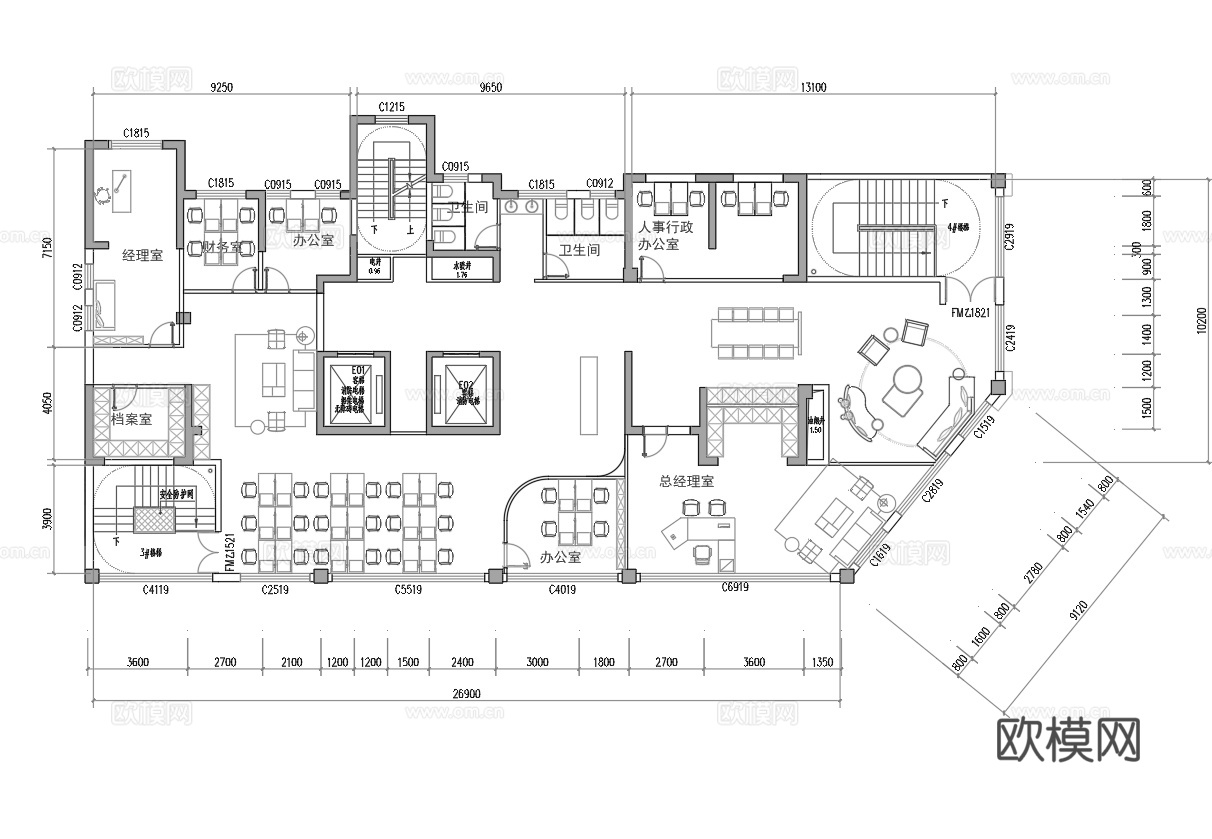 最新办公室平面施工图cad施工图
