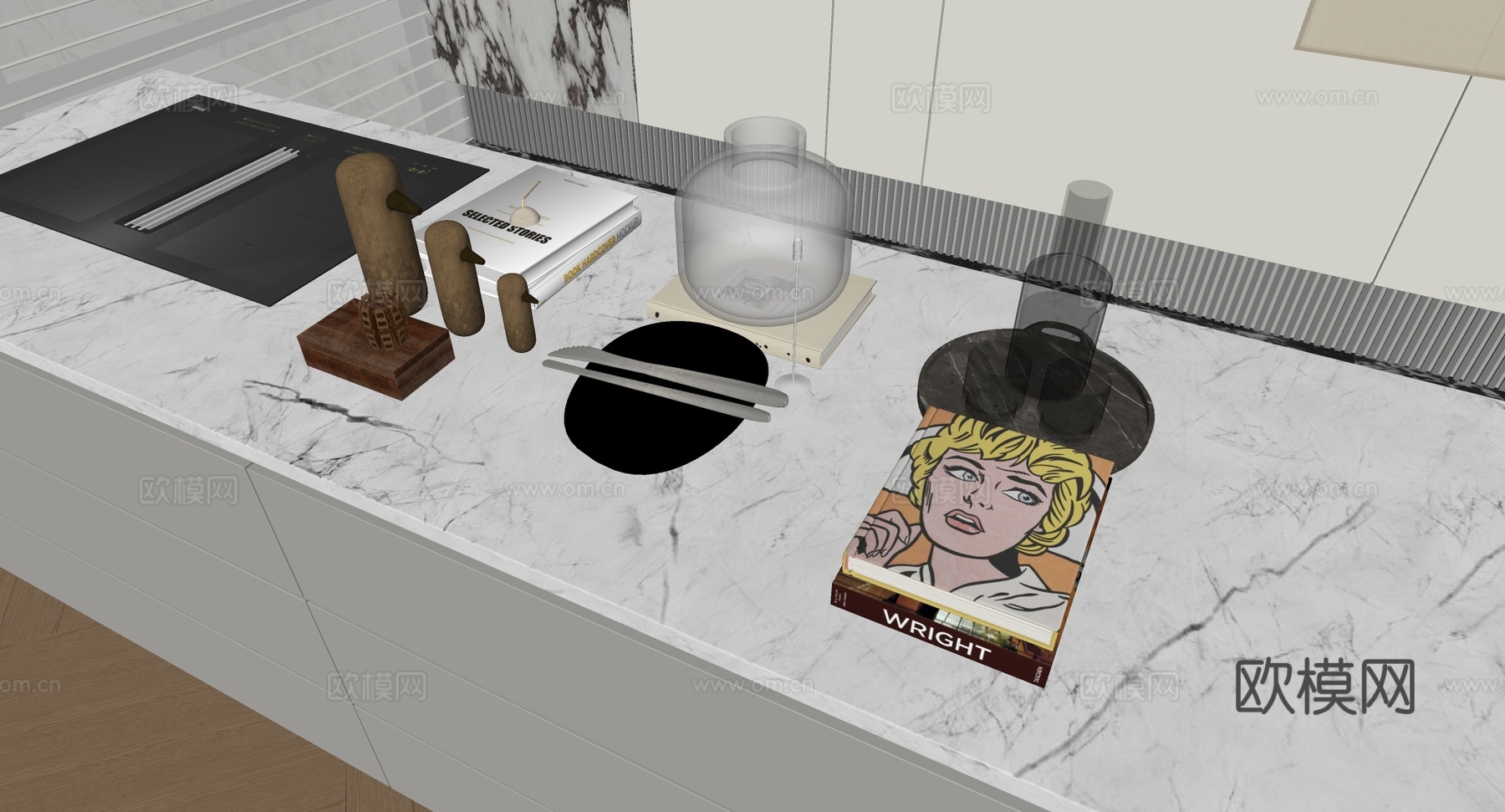 侘寂风静物摆件 抽象小鸟 褶皱陶罐 书籍su模型